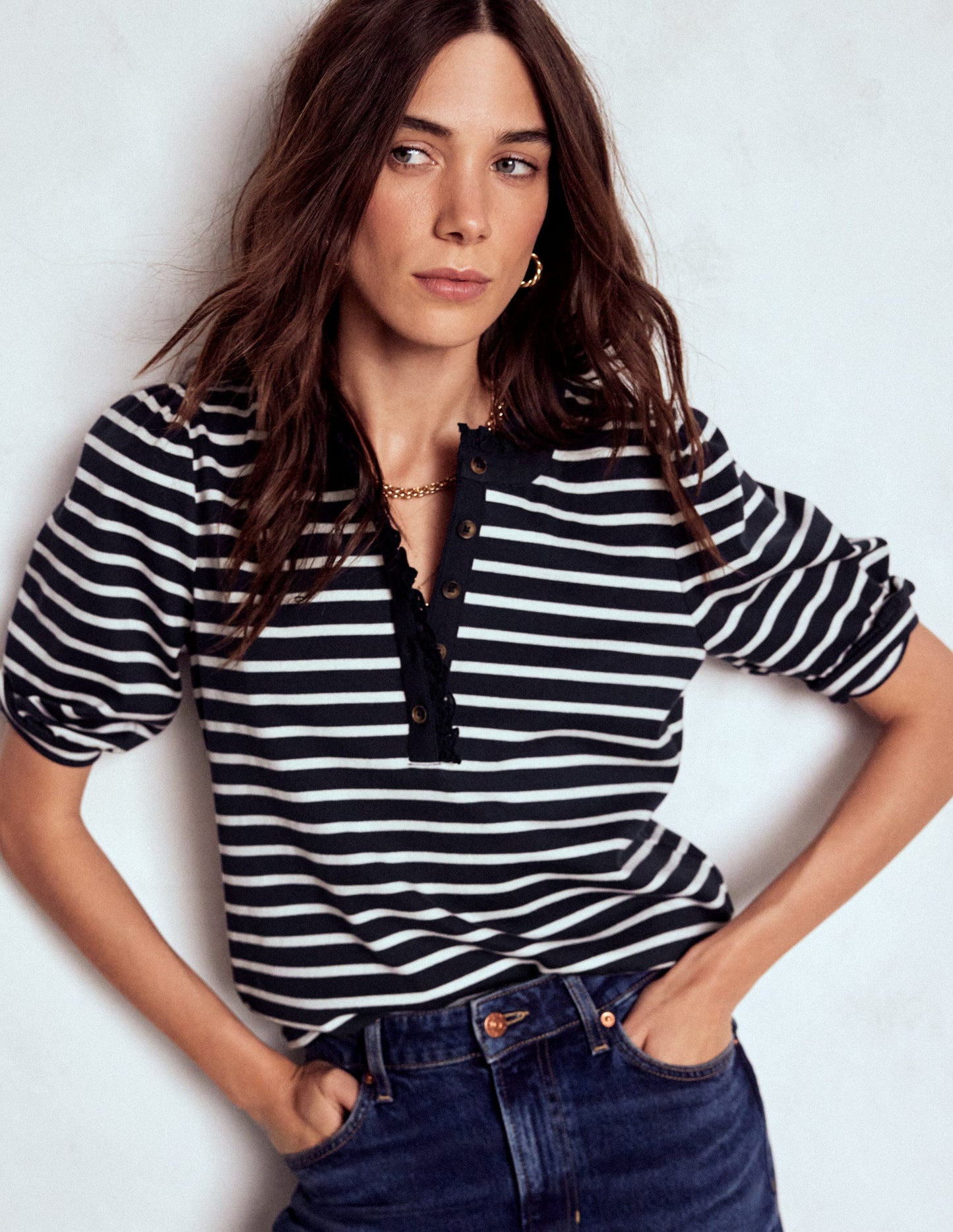 Puff Sleeve Henley-Navy, Ivory Stripe