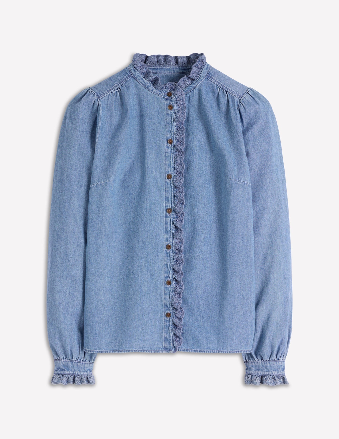 Helena Denim Ruffle Neck Top-Light Authentic