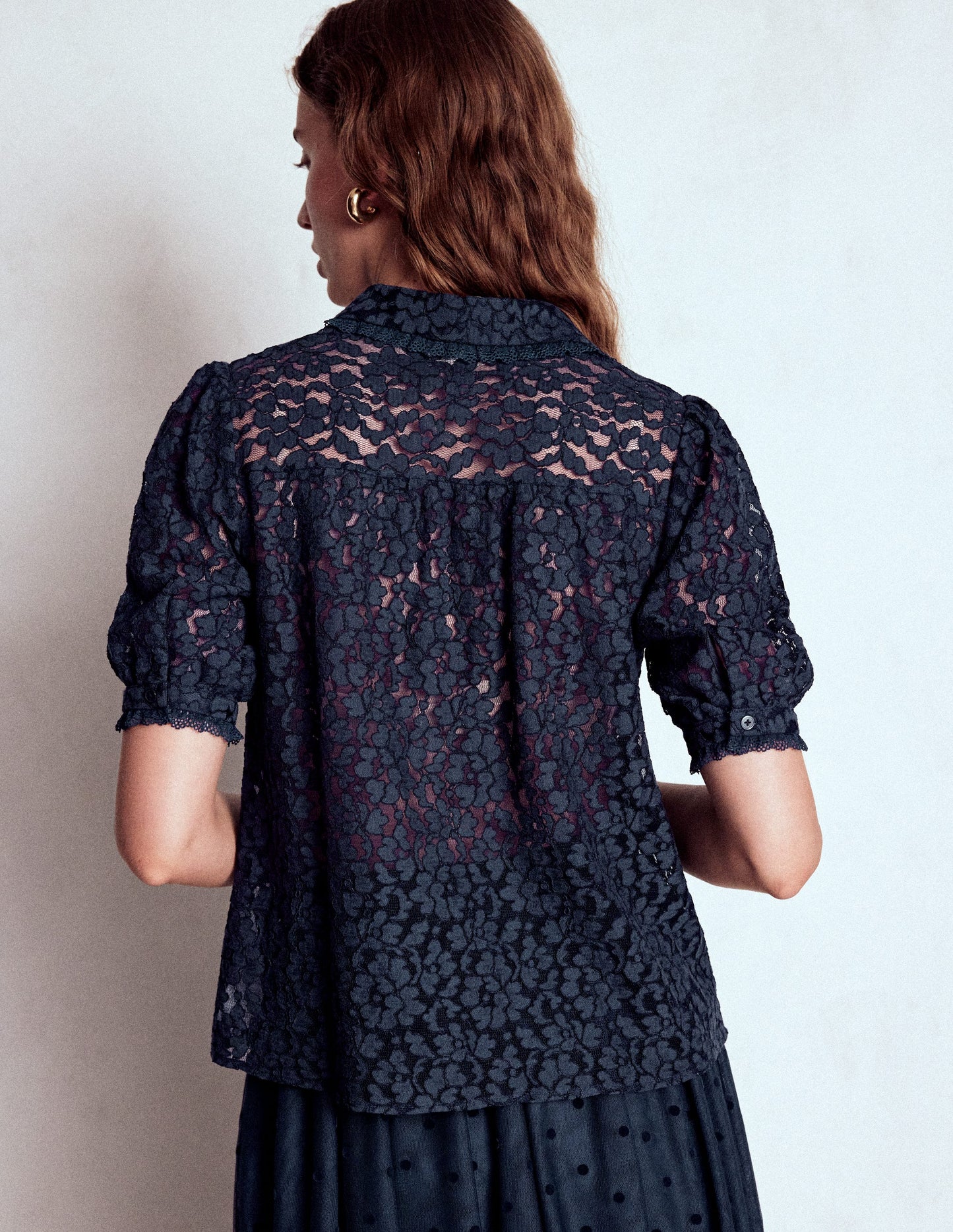 Short Sleeve Lace Blouse-Navy