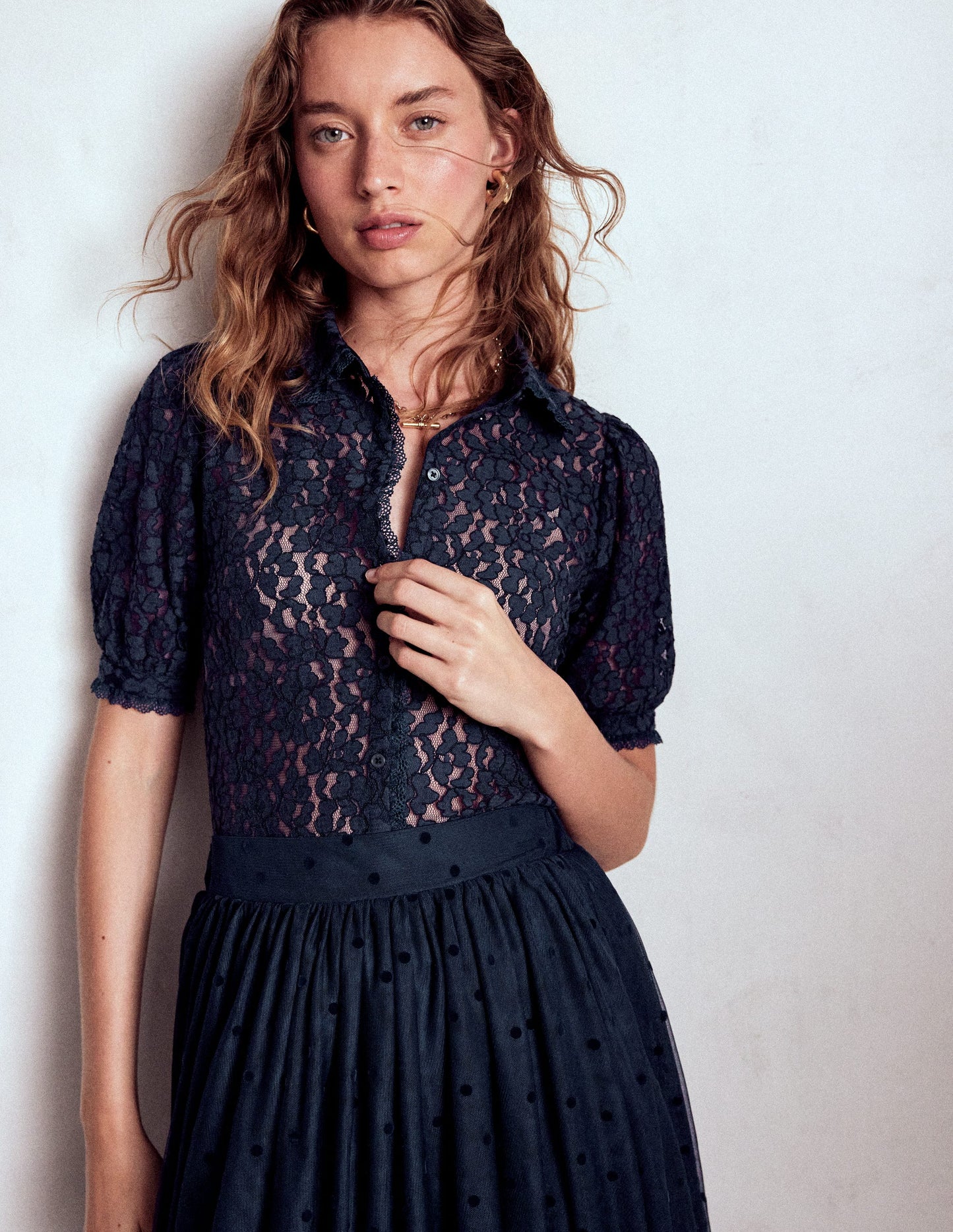 Short Sleeve Lace Blouse-Navy