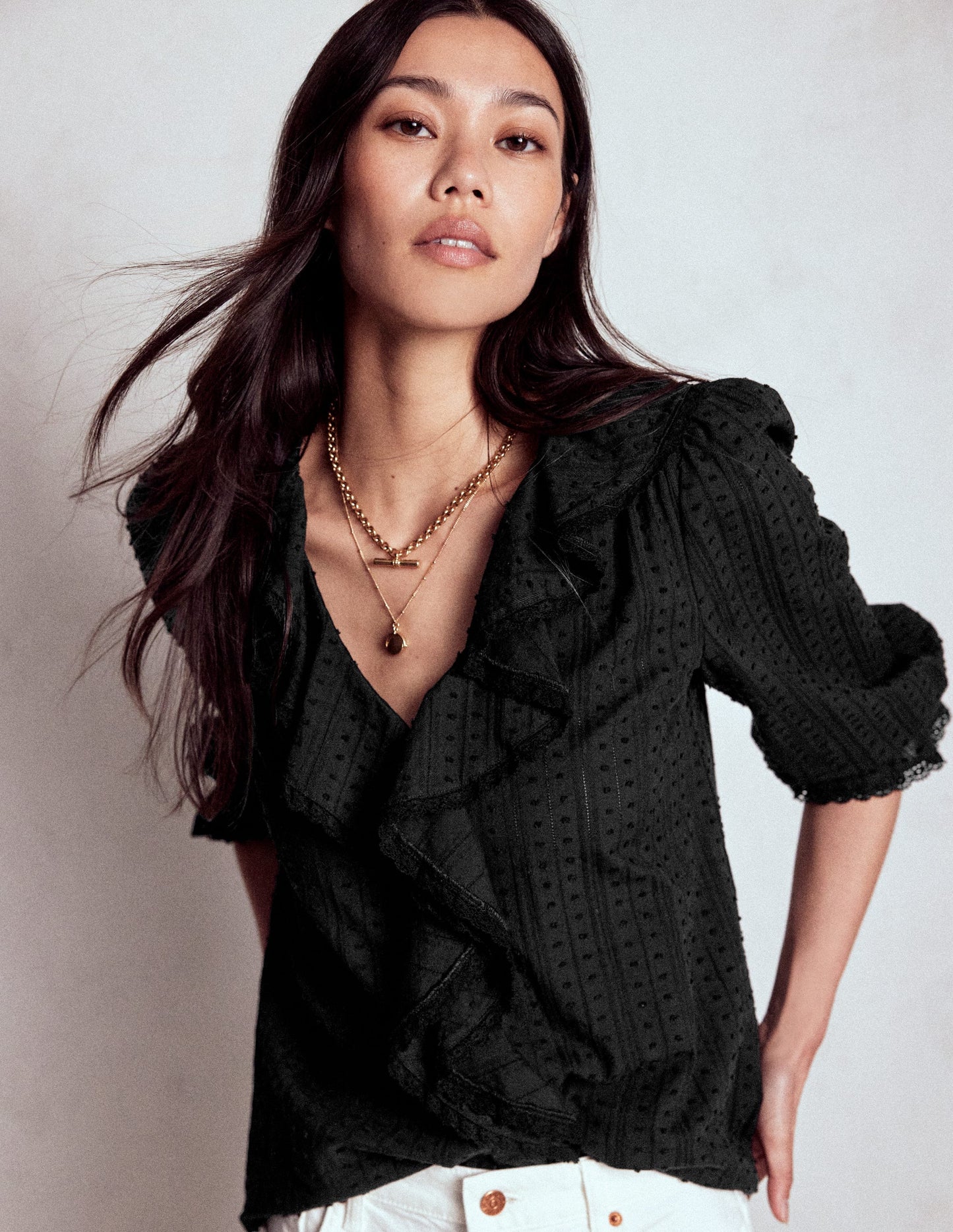 Ruffle V-Neck Blouse-Black