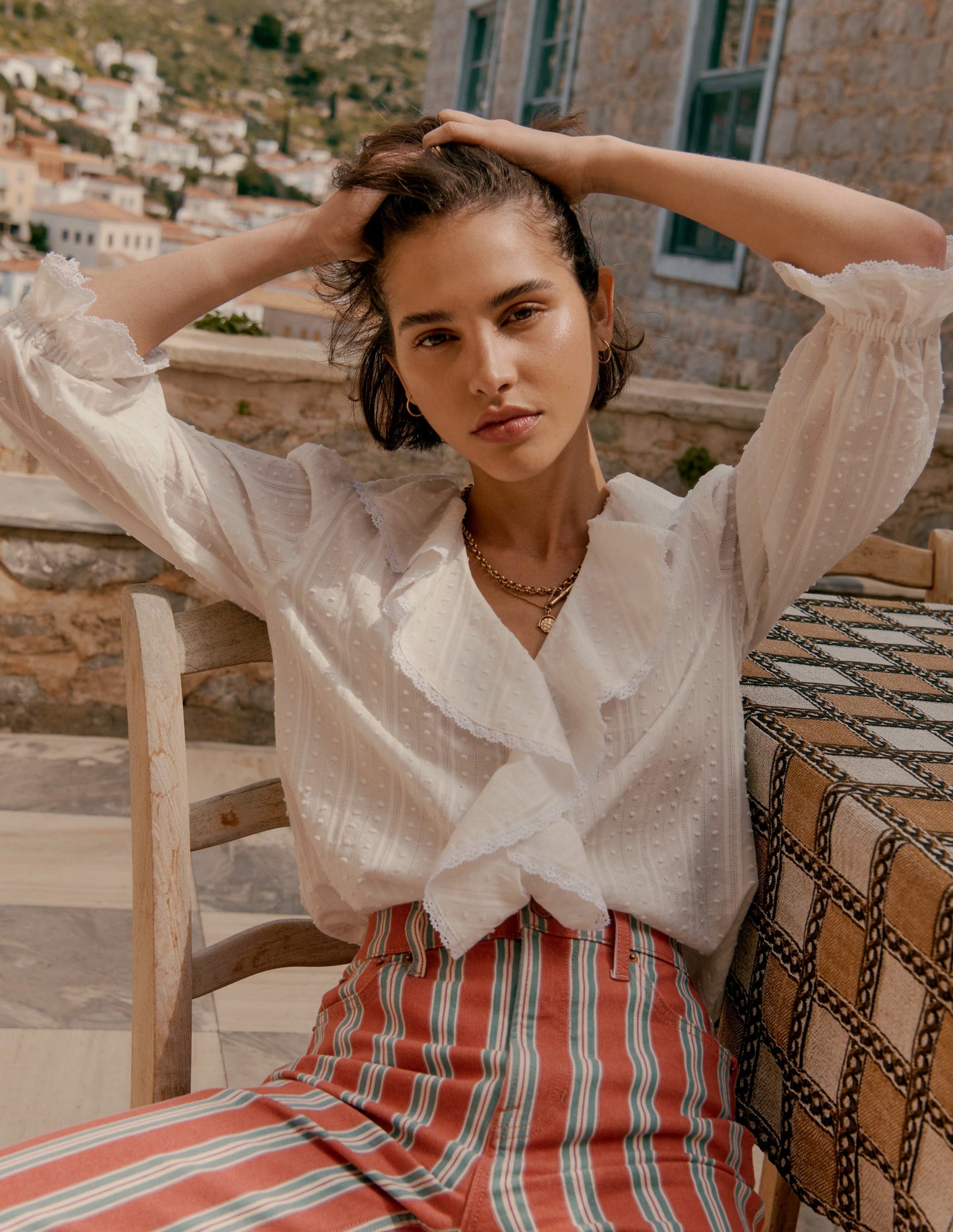 Ruffle V-Neck Blouse-White