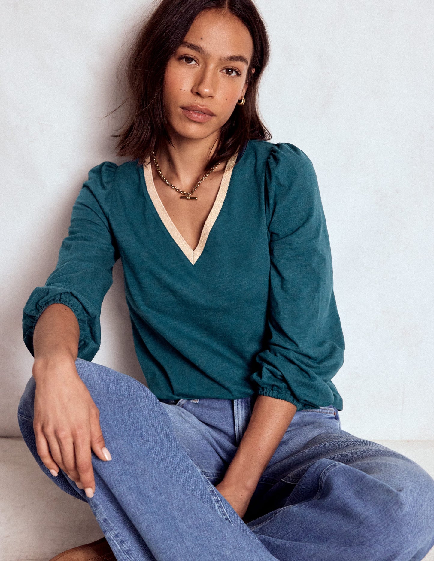 Metallic Trim Long Sleeve Top-Midnight Teal