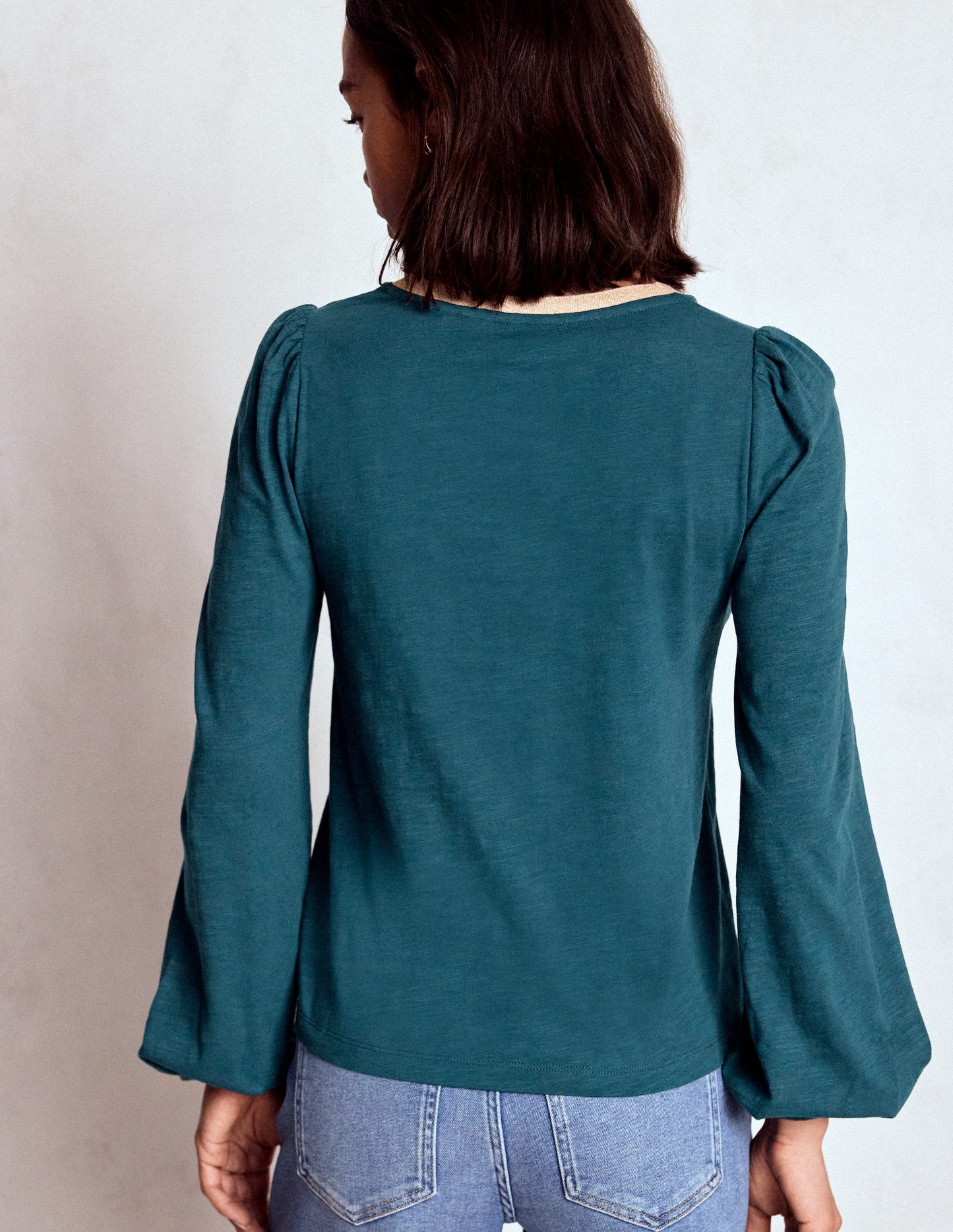Metallic Trim Long Sleeve Top-Midnight Teal
