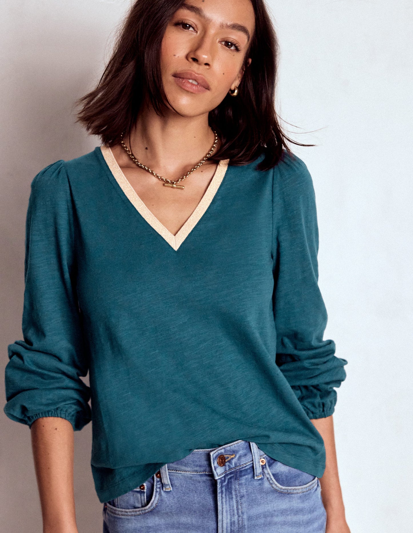 Metallic Trim Long Sleeve Top-Midnight Teal