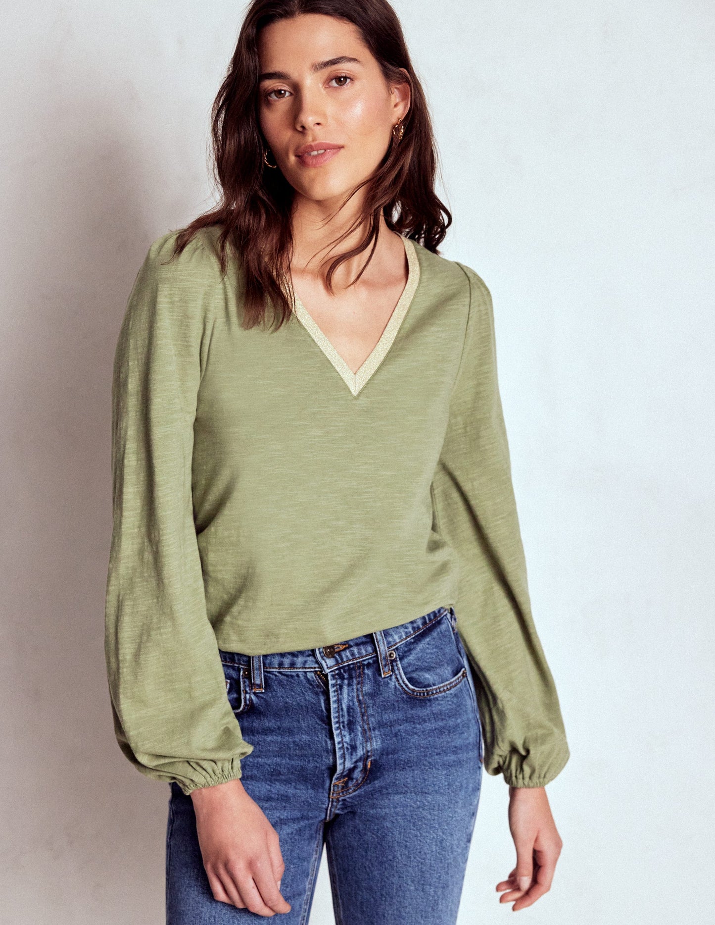 Metallic Trim Long Sleeve Top-Larch Green