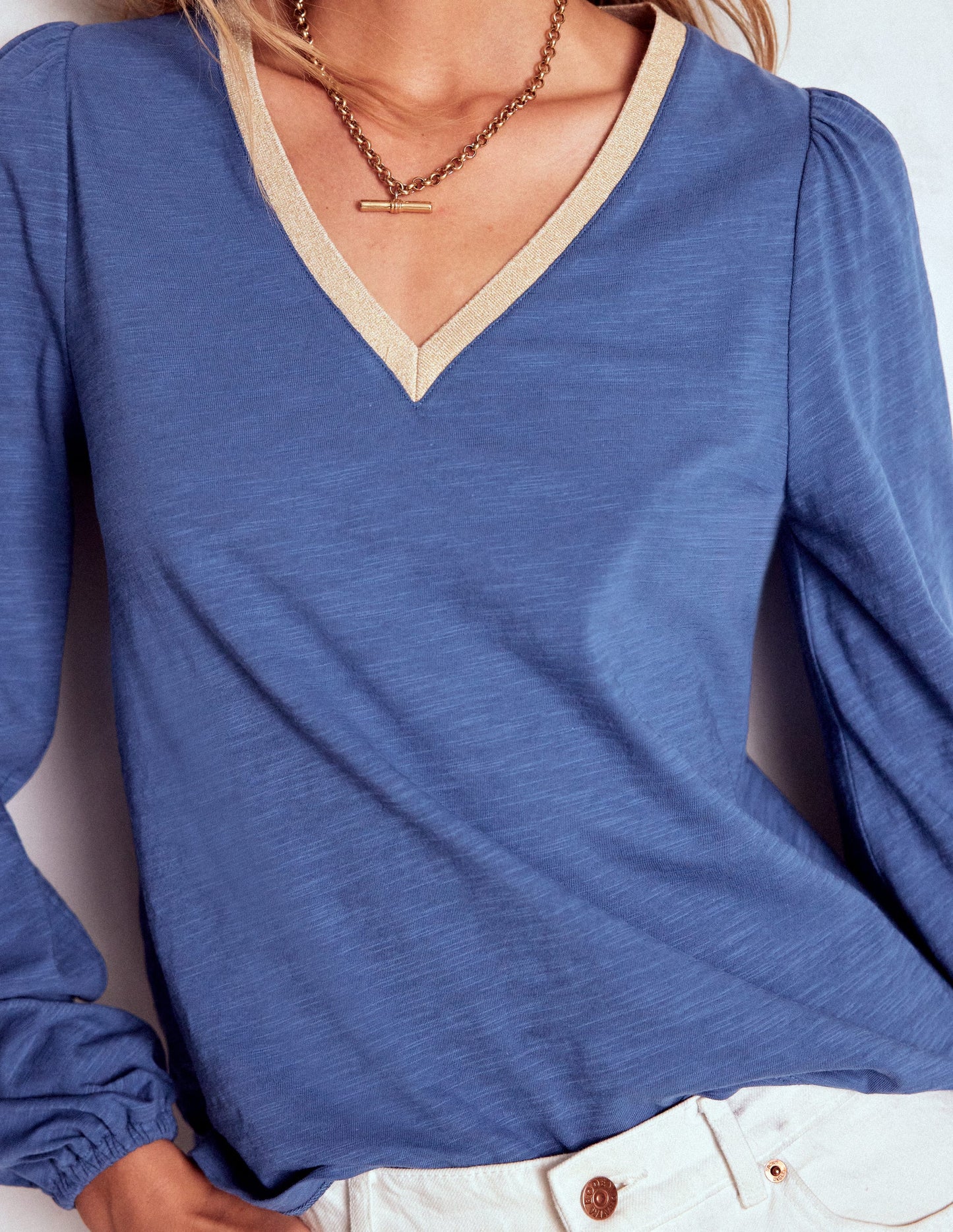 Metallic Trim Long Sleeve Top-True Navy