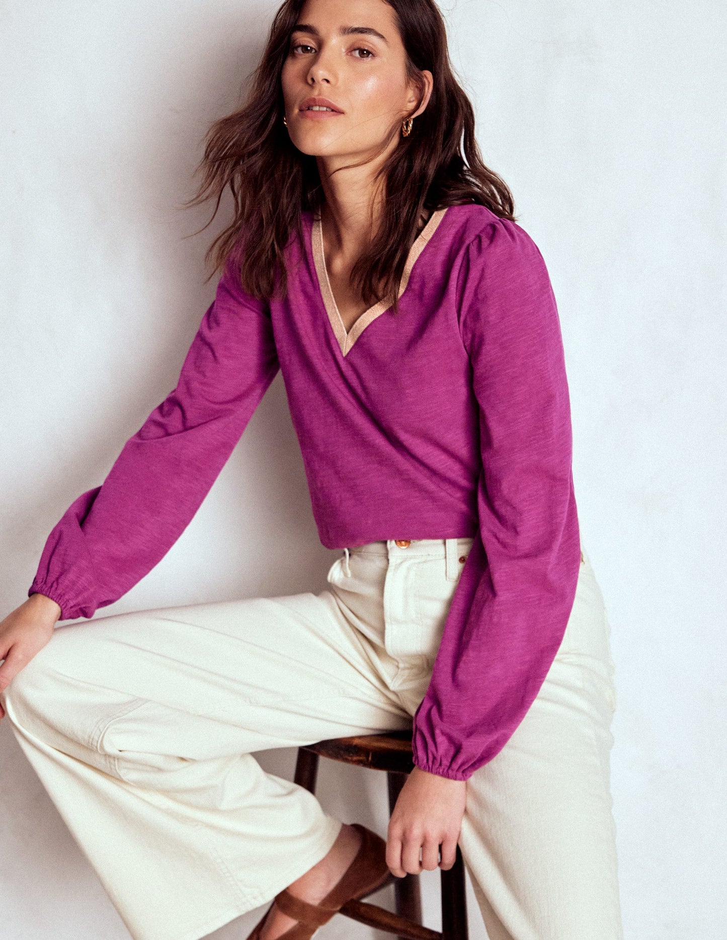 Metallic Trim Long Sleeve Top-Rich Magenta