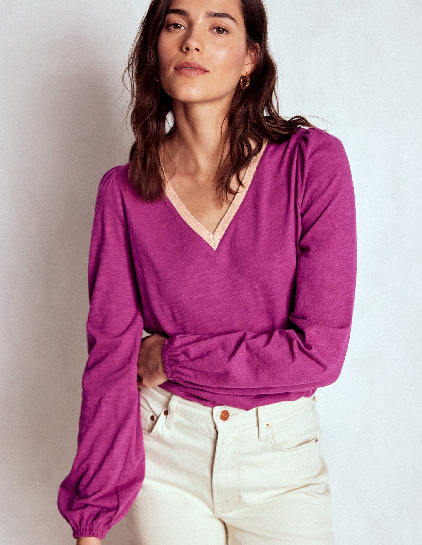 Metallic Trim Long Sleeve Top-Rich Magenta