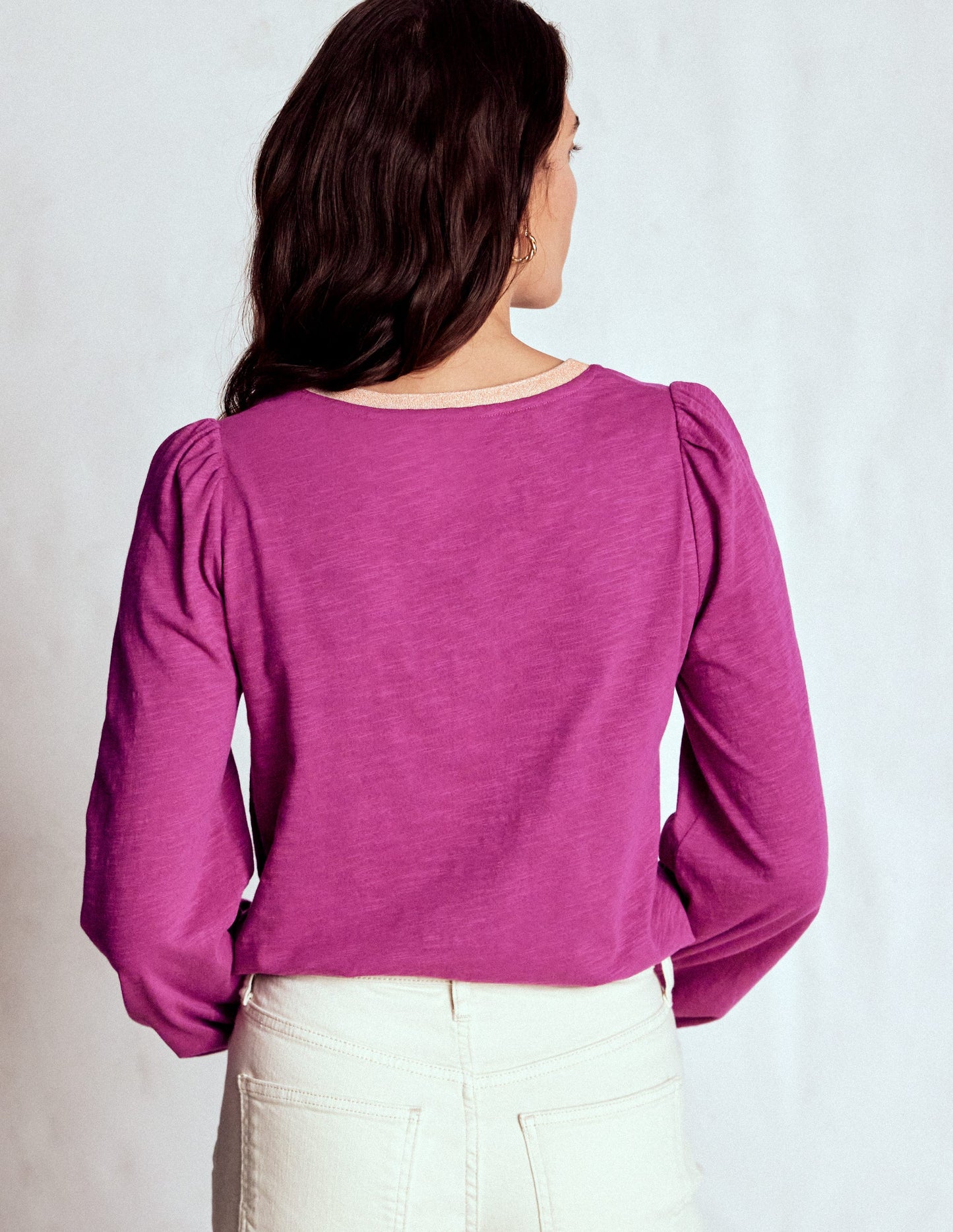 Metallic Trim Long Sleeve Top-Rich Magenta