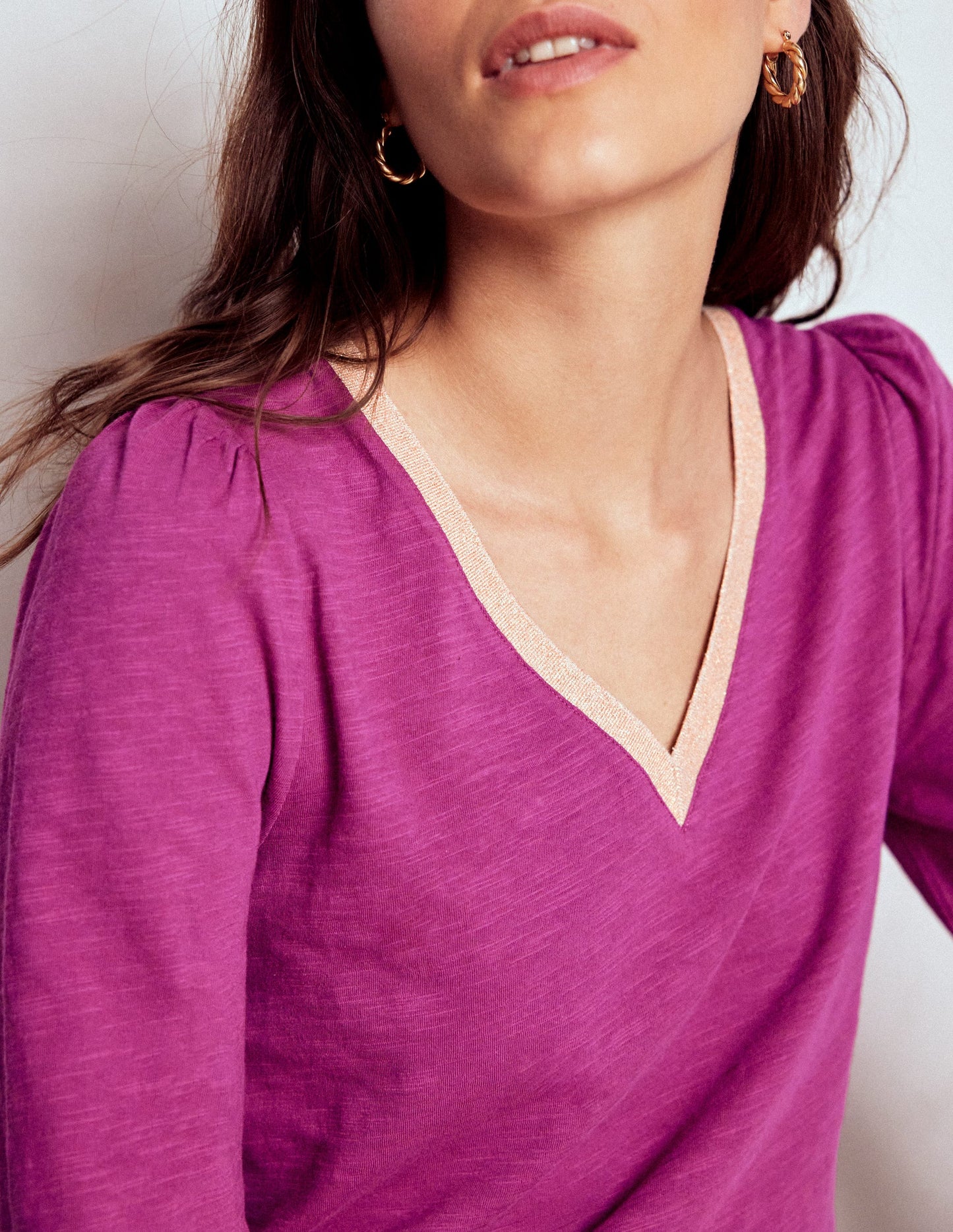 Metallic Trim Long Sleeve Top-Rich Magenta