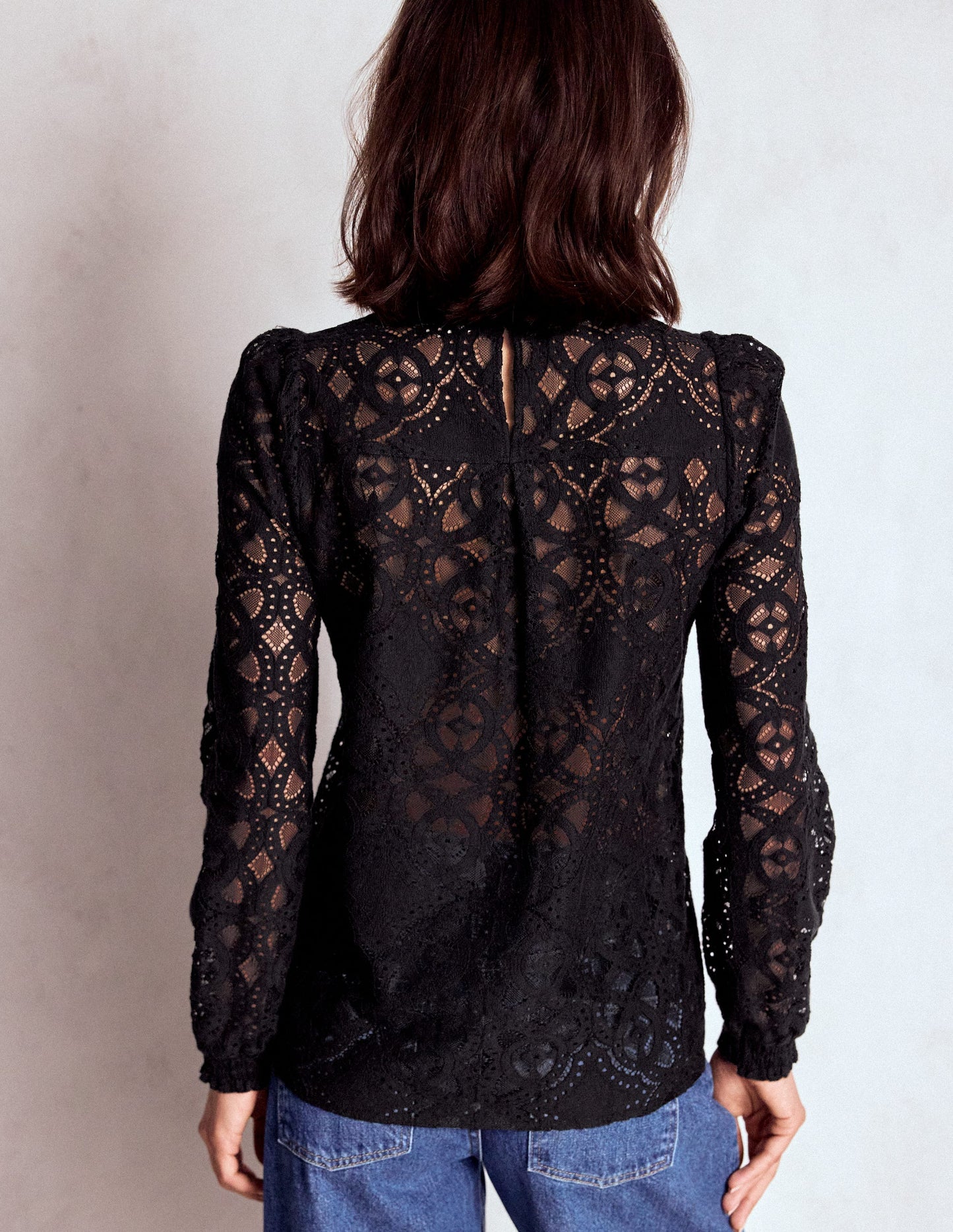 Lace Crew Neck Top-Black