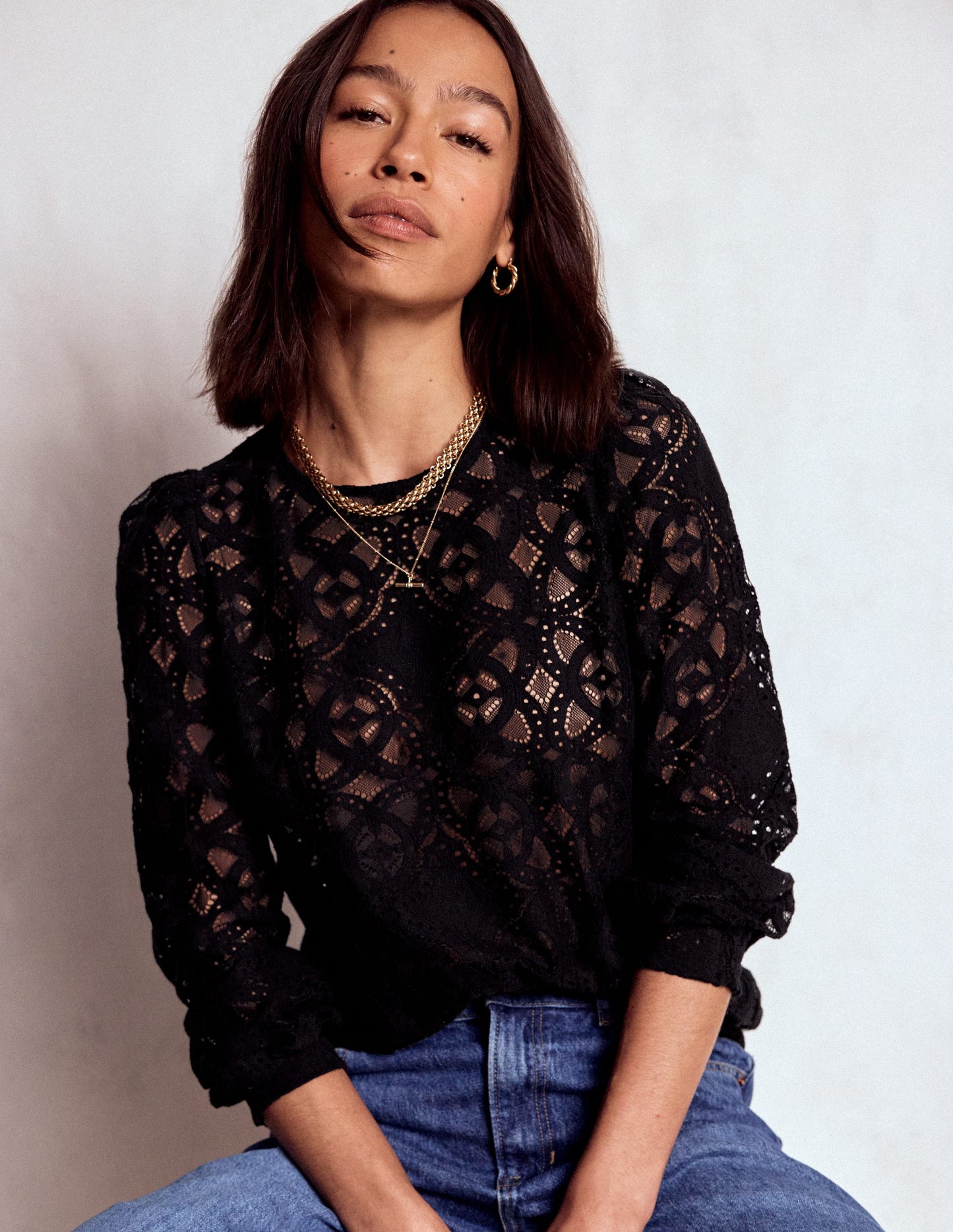 Lace Crew Neck Top-Black