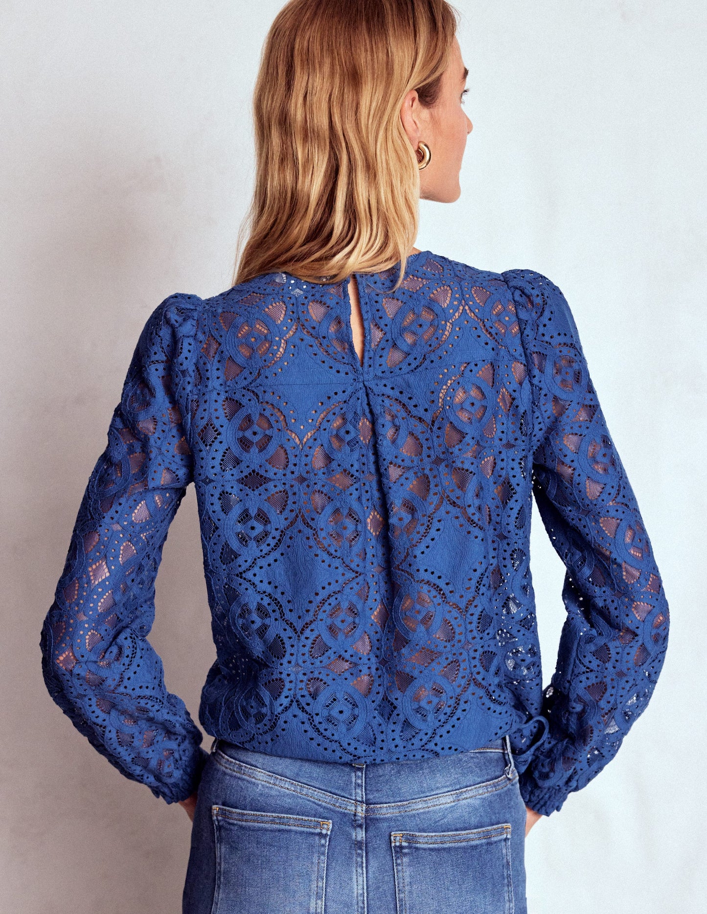 Lace Crew Neck Top-Denim Blue