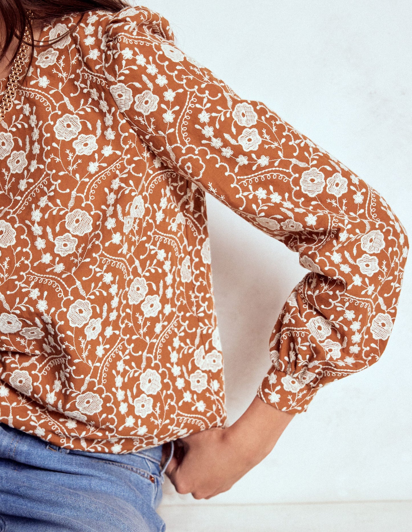 Embroidered Cotton Top-Brown