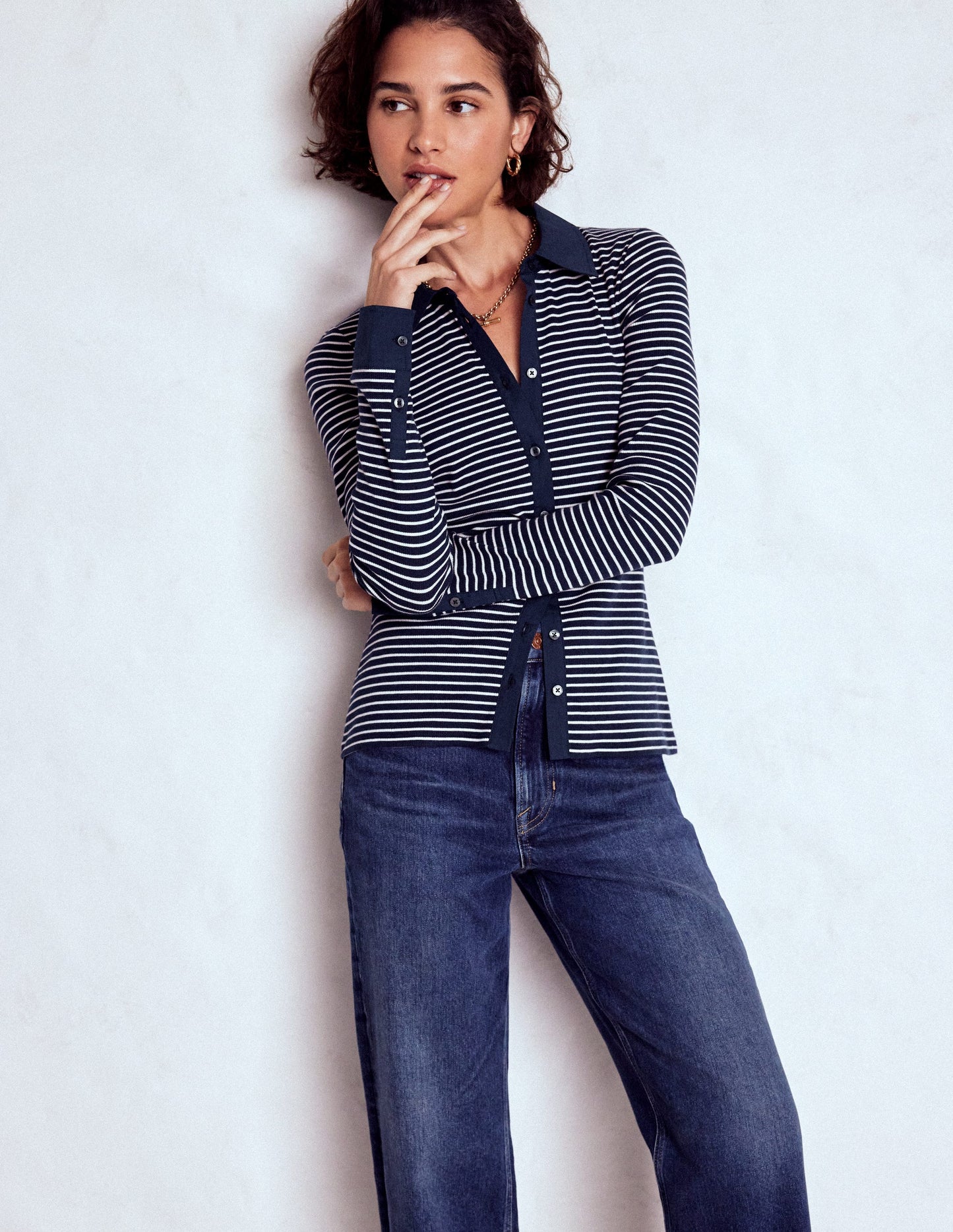 Collared Button Through Top-Navy and Ivory Stripe