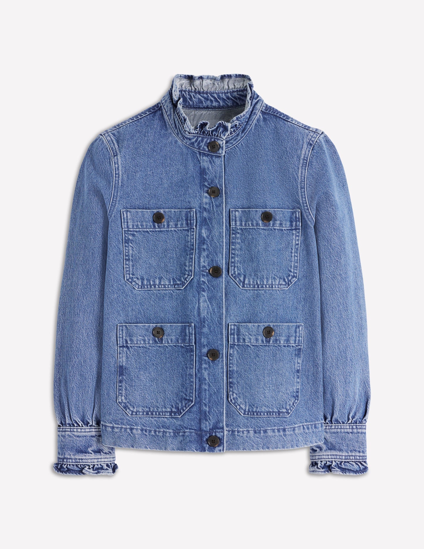 Denim Frill Collar Jacket-Mid Wash