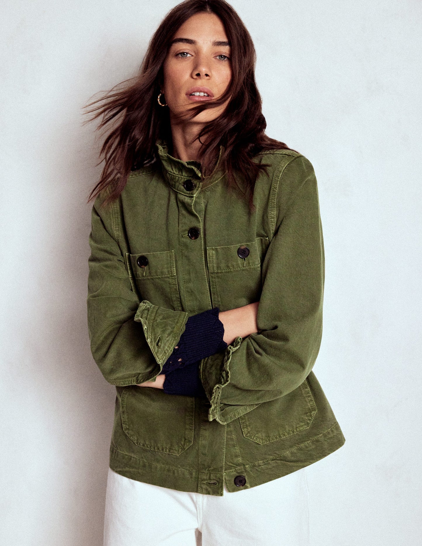 Cotton Frill Collar Jacket-Woodland Green