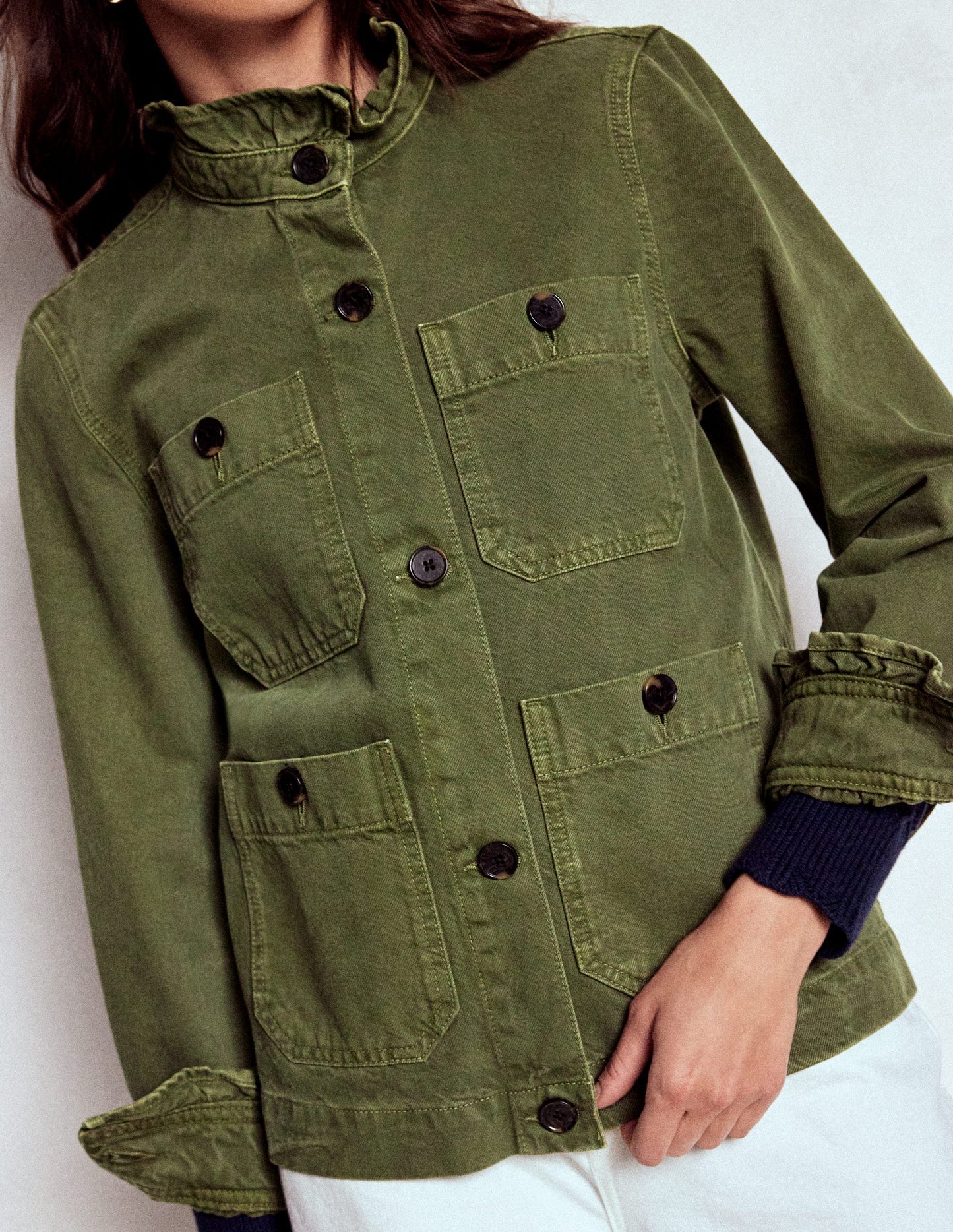 Cotton Frill Collar Jacket-Woodland Green