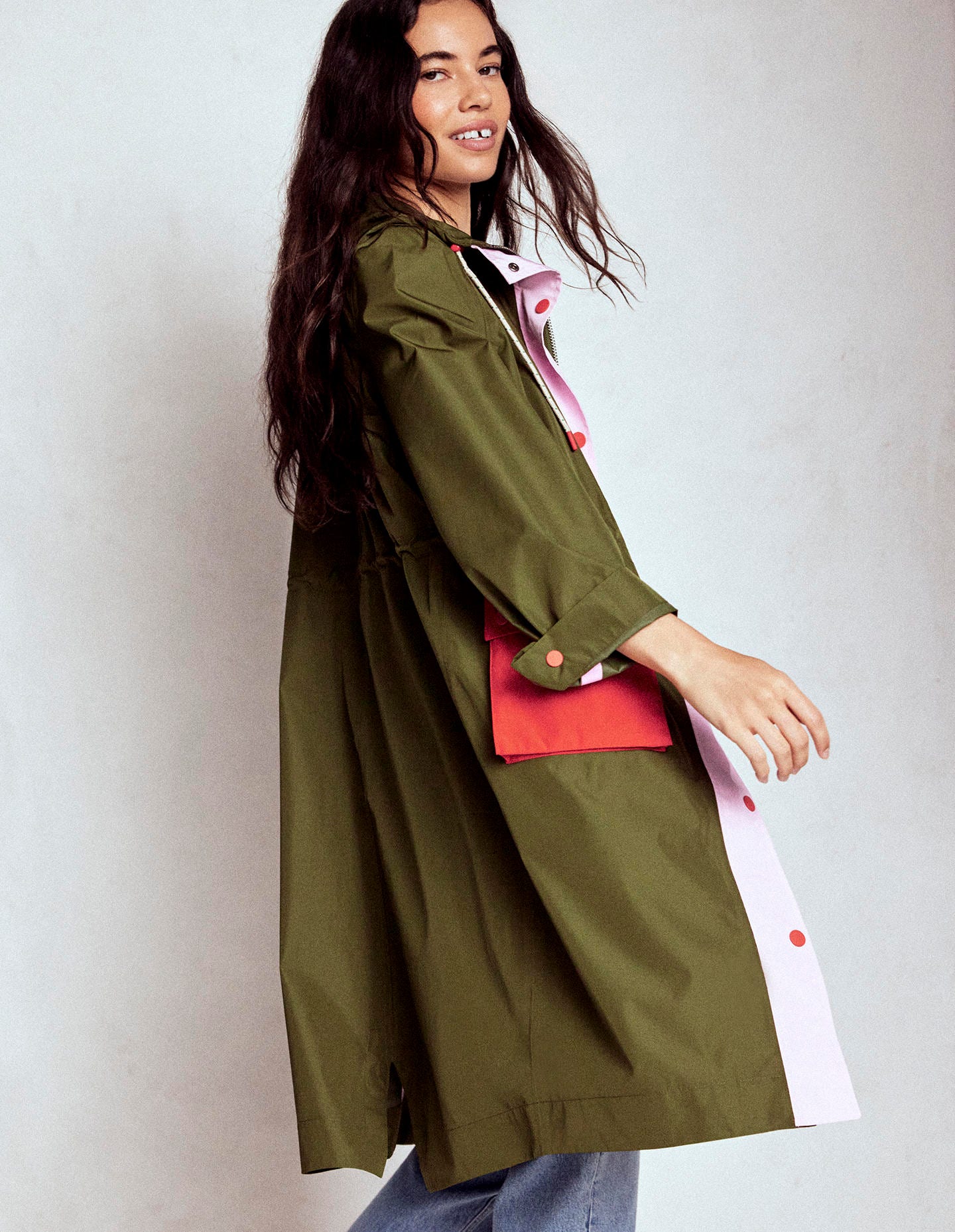 Longline Rain Mac-Khaki Colourblock