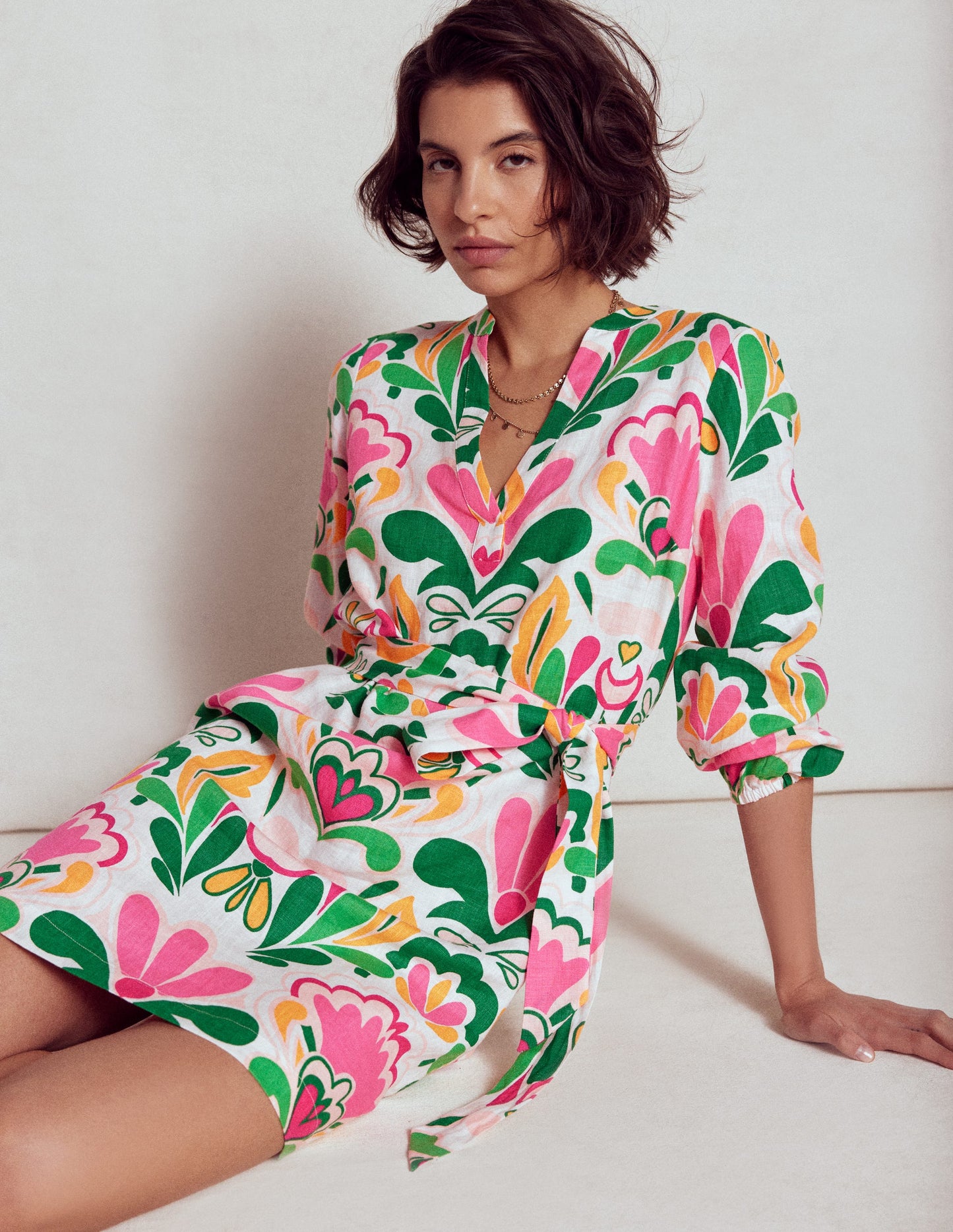 Cleo Linen Tie Waist Dress-Multi, Freesia Stamp