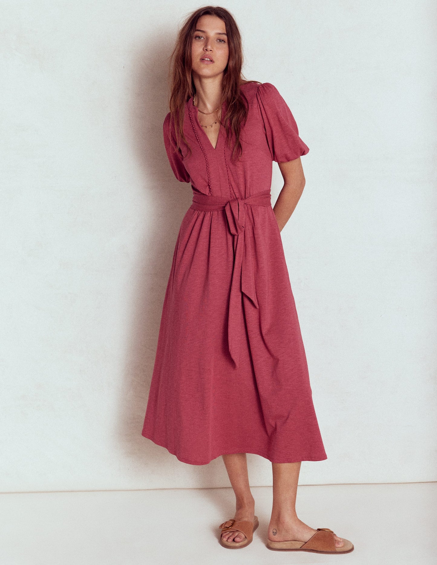 Sofia Trim Jersey Midi Dress-Terracotta Red