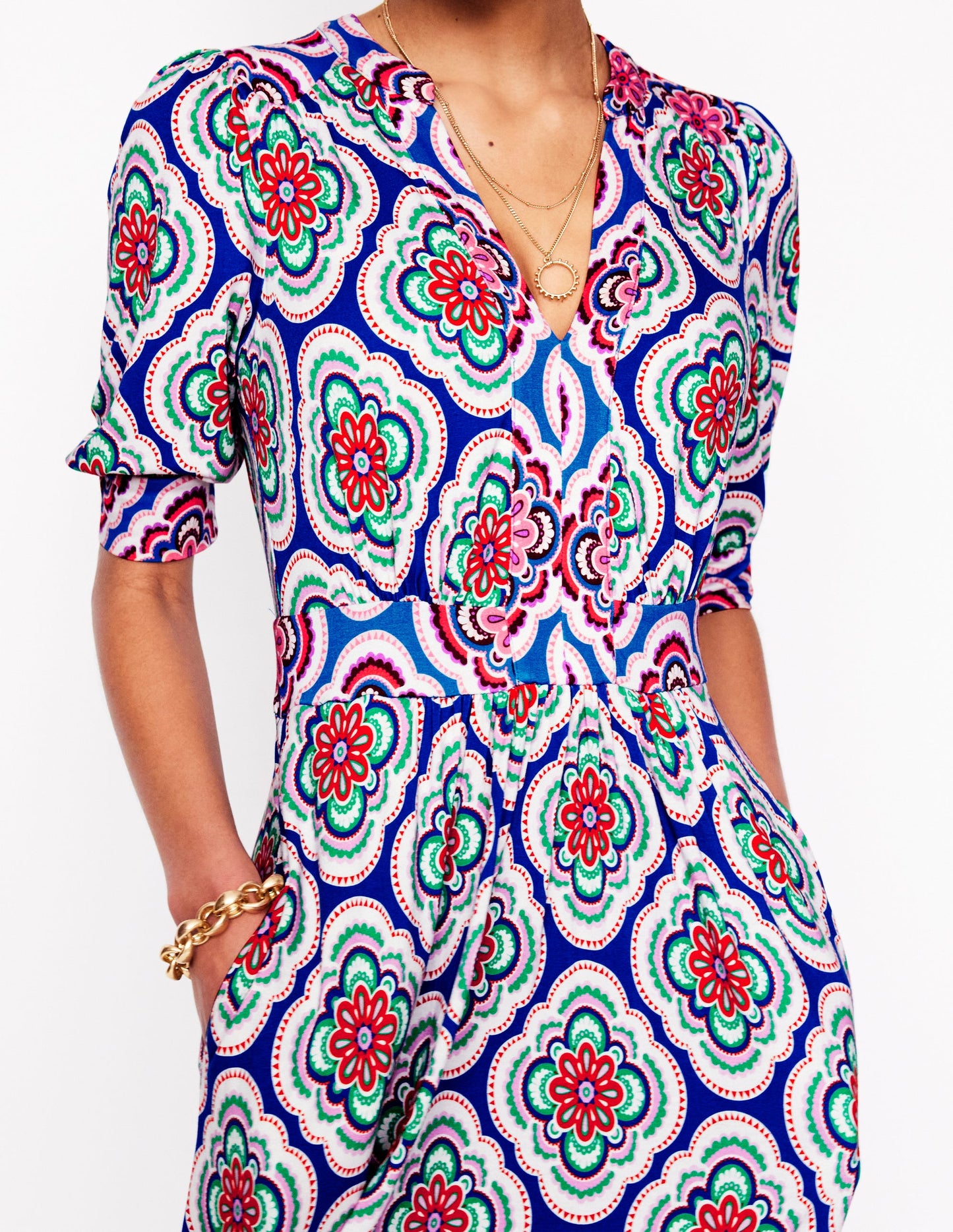 Lily Jersey Midi Tea Dress-Bright Blue, Botanic Blush