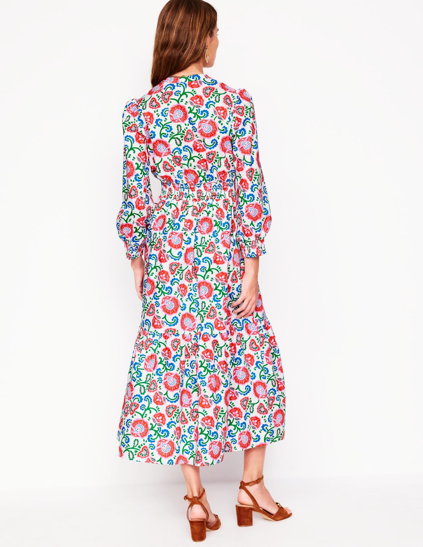 Elena Tiered Cotton Midi Dress-Ivory, Garden Vine