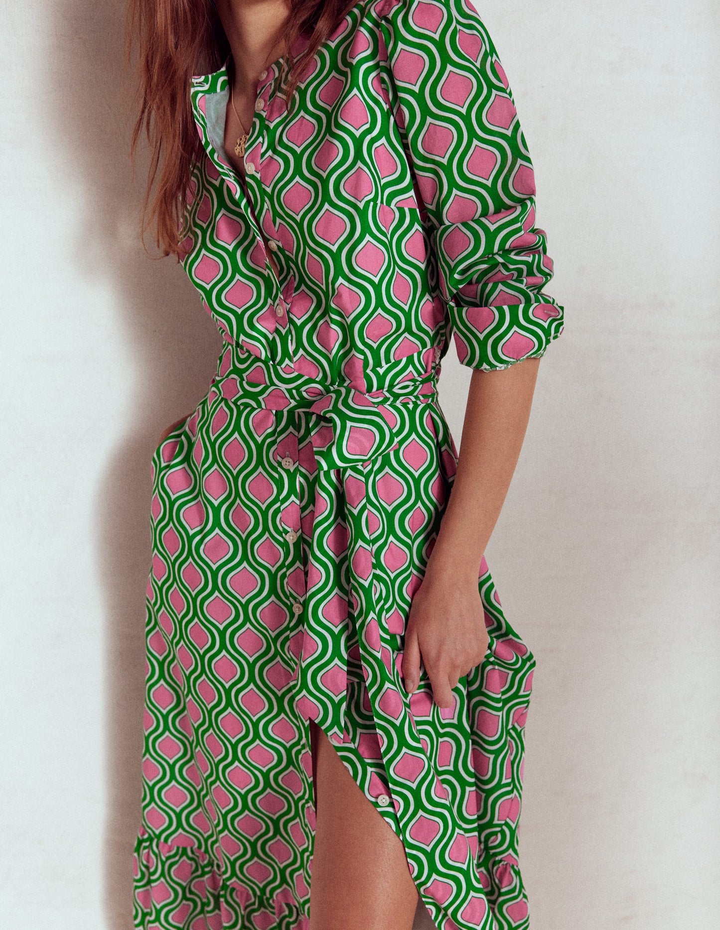 Mia Tiered Shirt Dress-Rich Emerald, Geo Trellis