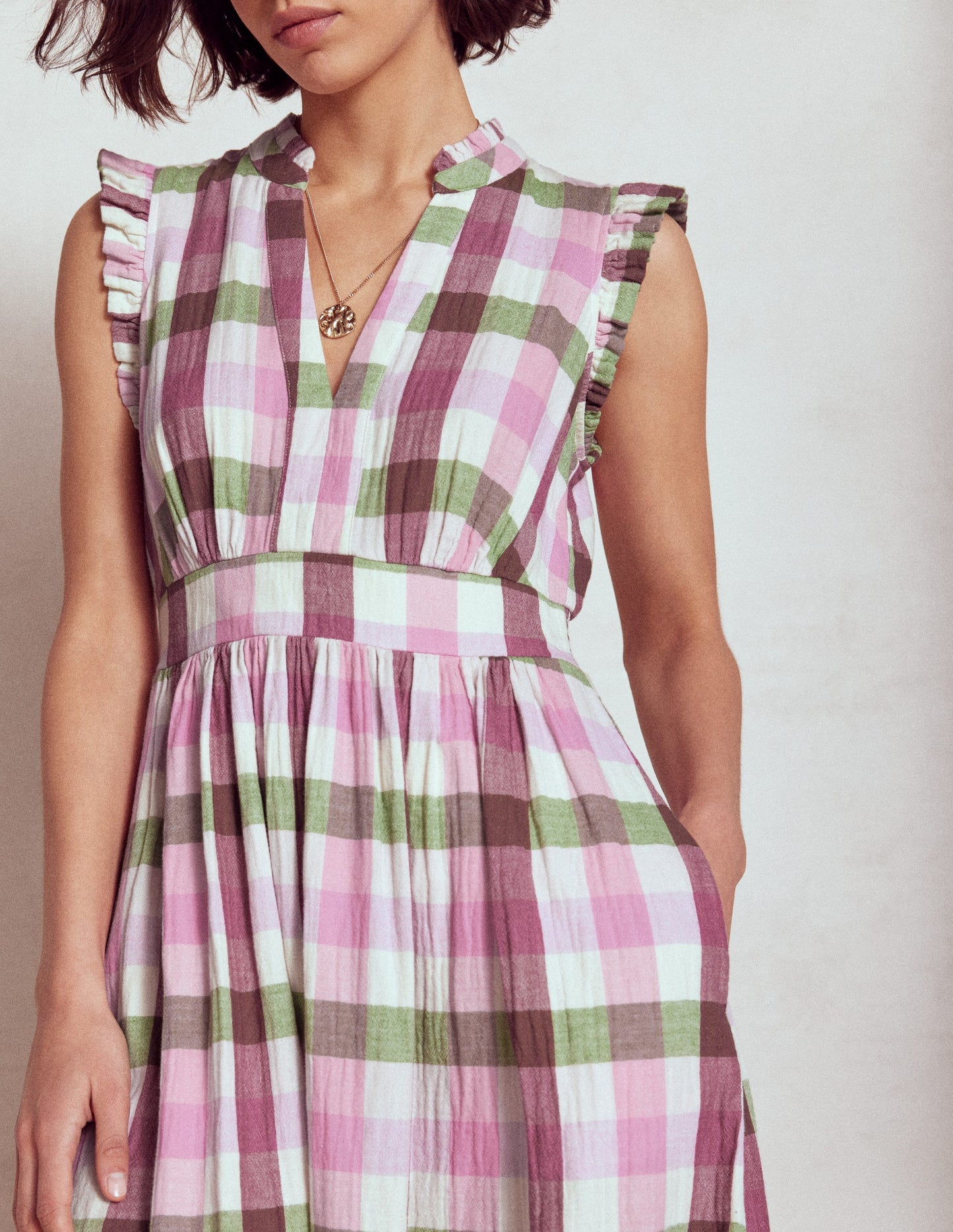 Wren Double Cloth Midi Dress-Pink and Green Multigingham