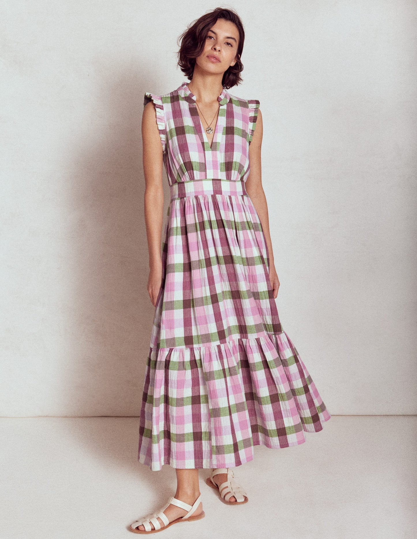 Wren Double Cloth Midi Dress-Pink and Green Multigingham