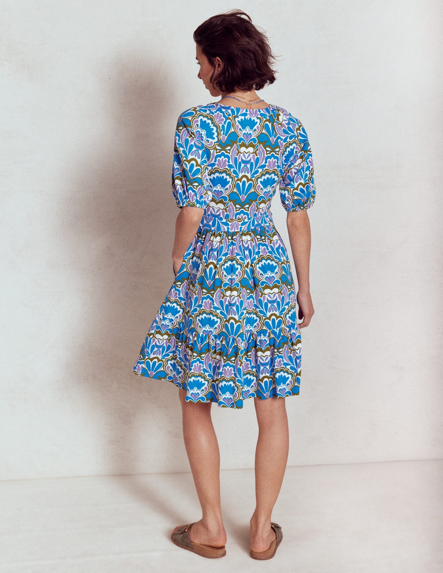 Piper Short Jersey Dress-Kingfisher Blue, Freesia Stamp