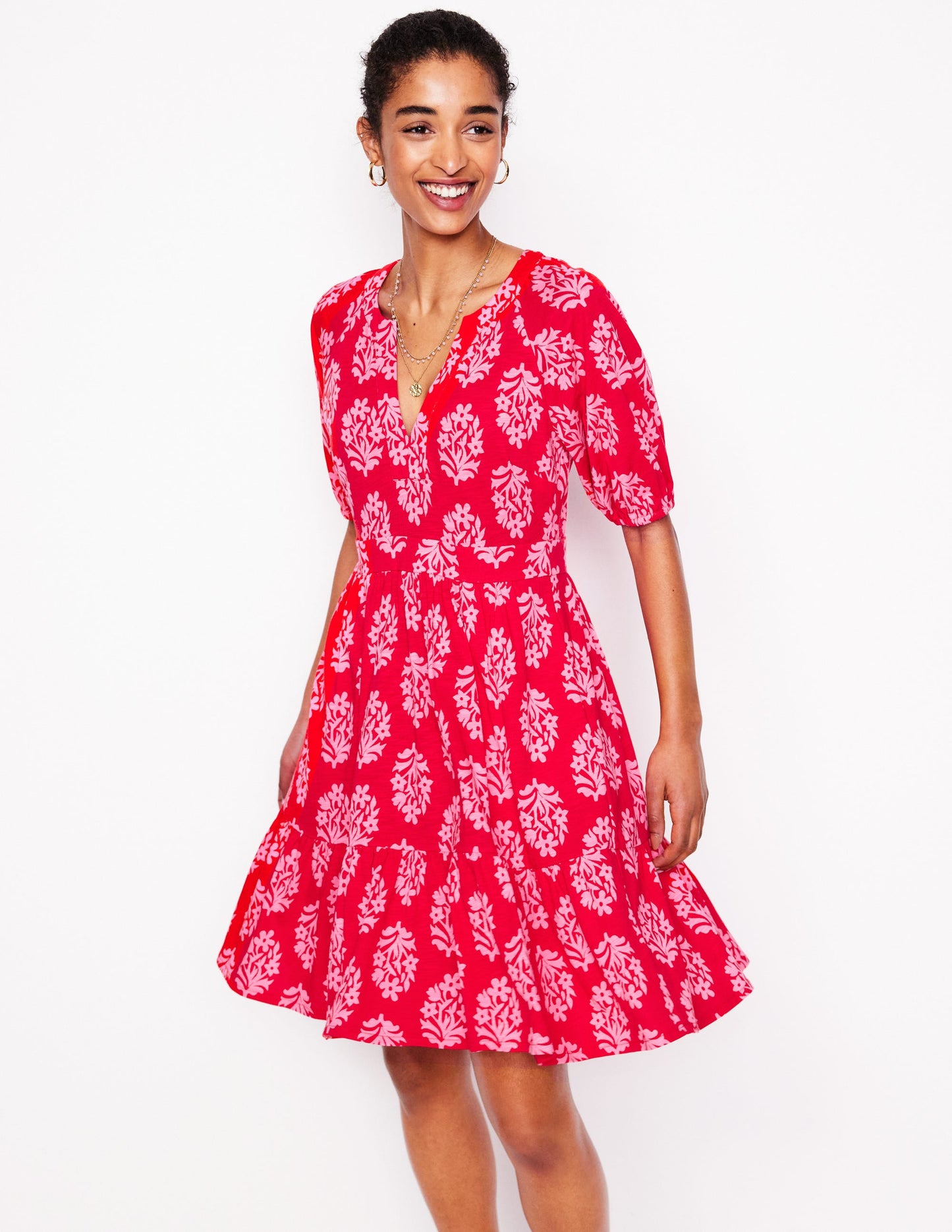 Piper Short Jersey Dress-Poppy Red, Posy Stamp