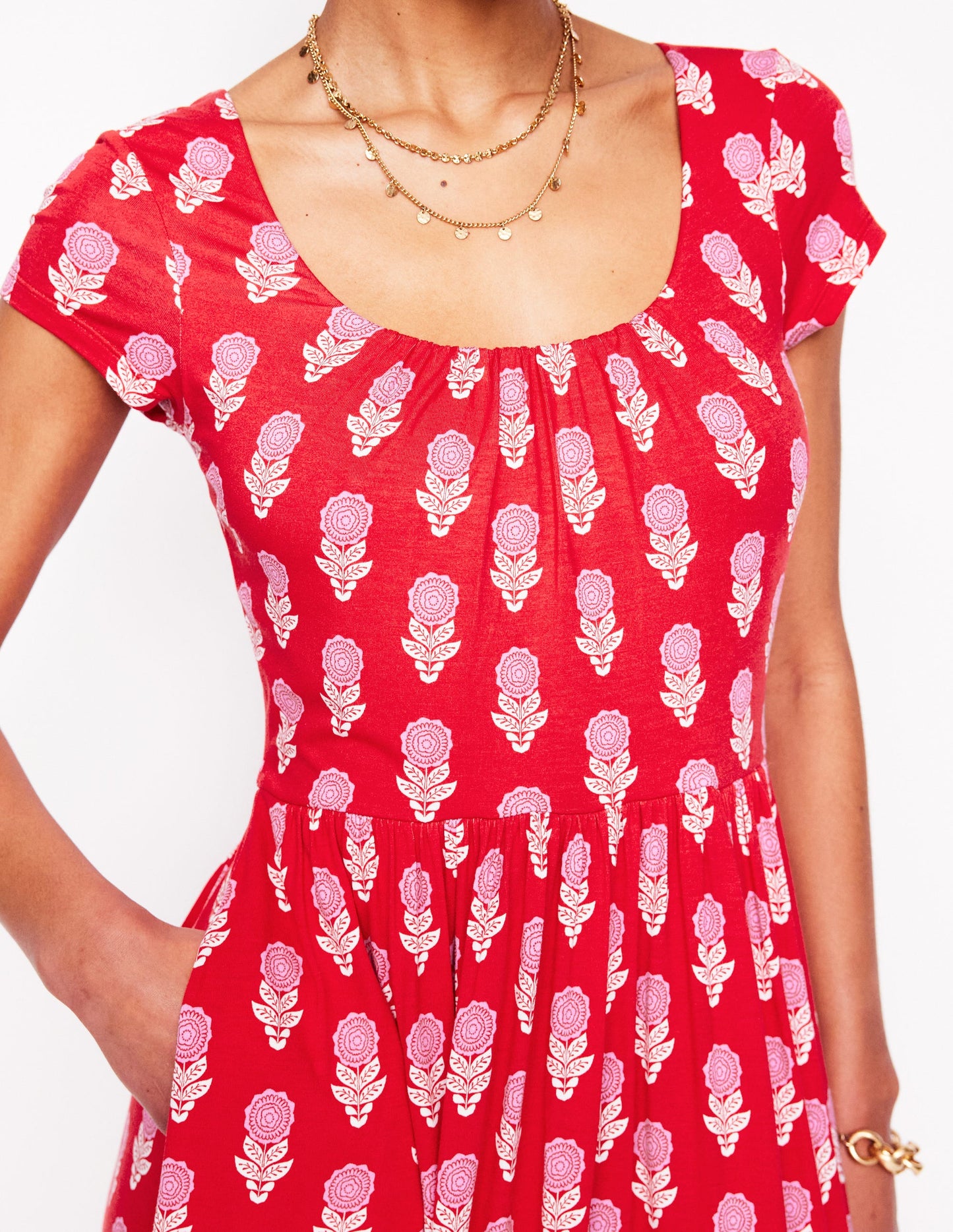 Samantha Scoop Jersey Dress-Poppy Red, Dahlia Sprig