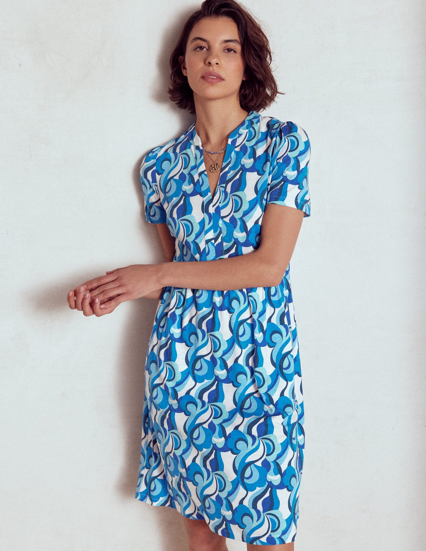 Naomi Short Sleeve Dress-Blue, Abstract Swirl