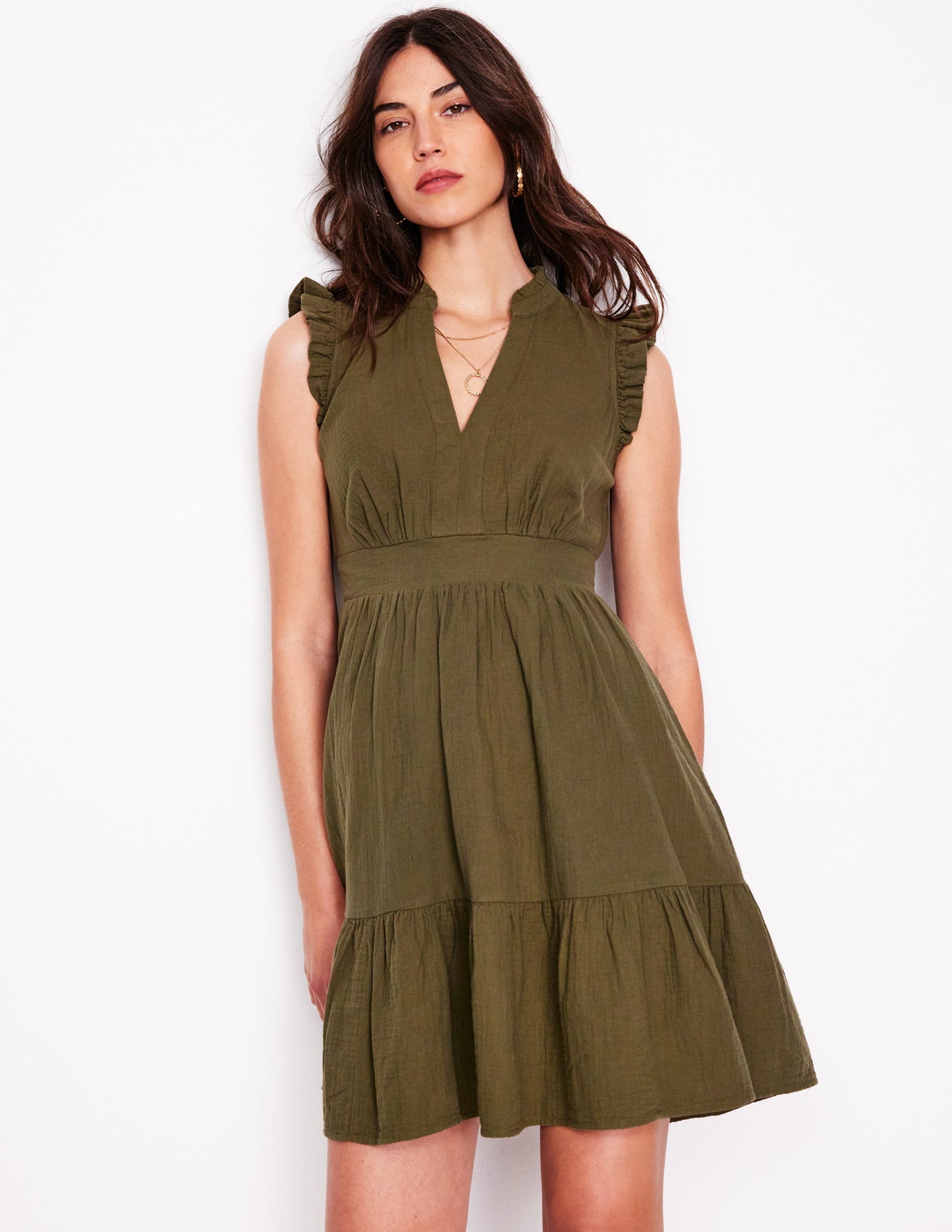 Wren Double Cloth Short Dress-Woodland Green
