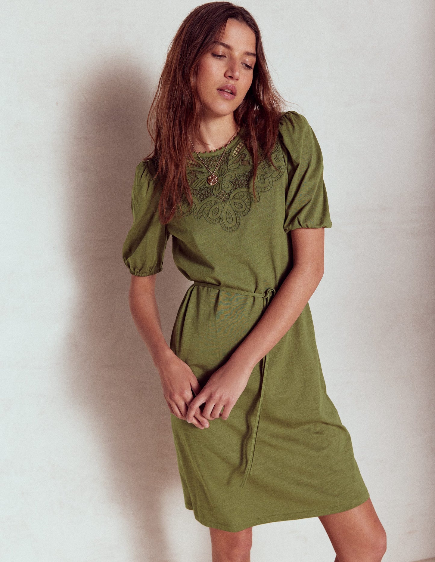Cutwork Detail Short Dress-Woodland Green
