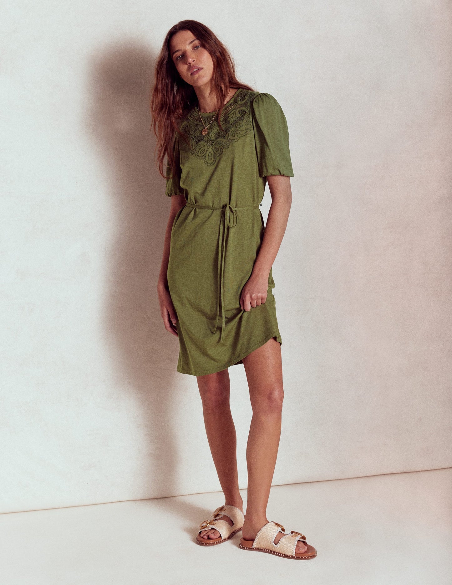 Cutwork Detail Short Dress-Woodland Green