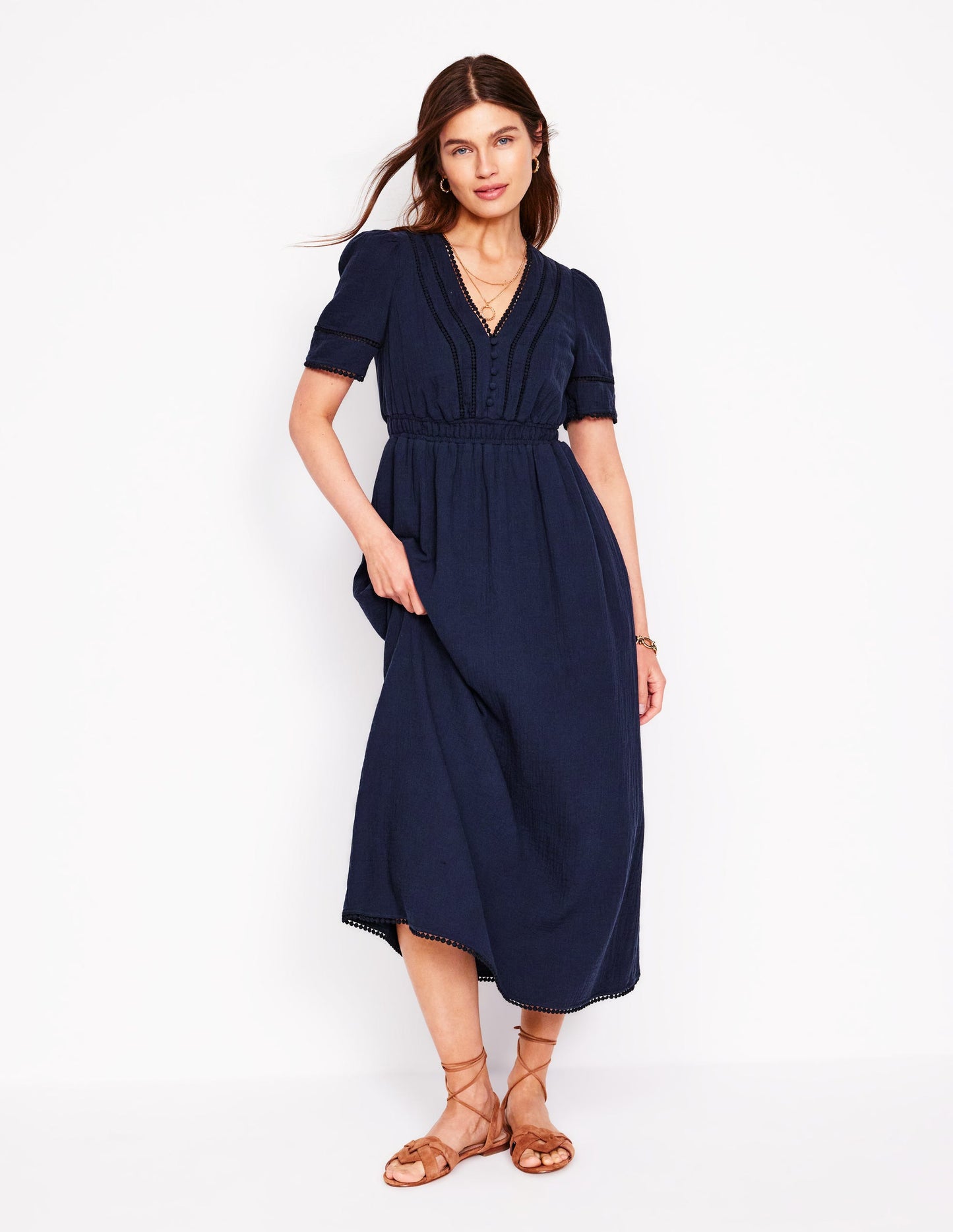 Trim Double Cloth Dress-Navy