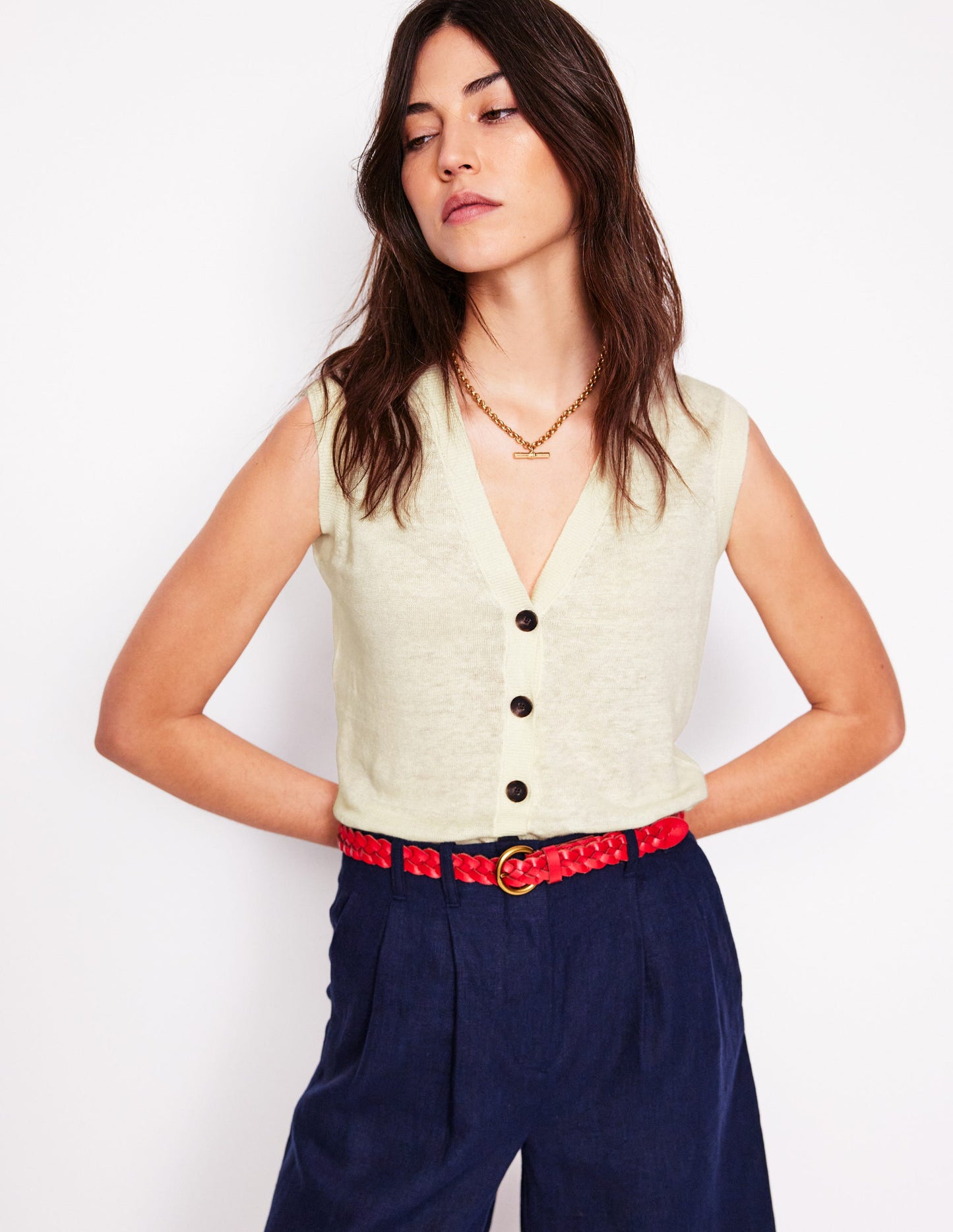 V-Neck Linen Waistcoat-Warm Ivory