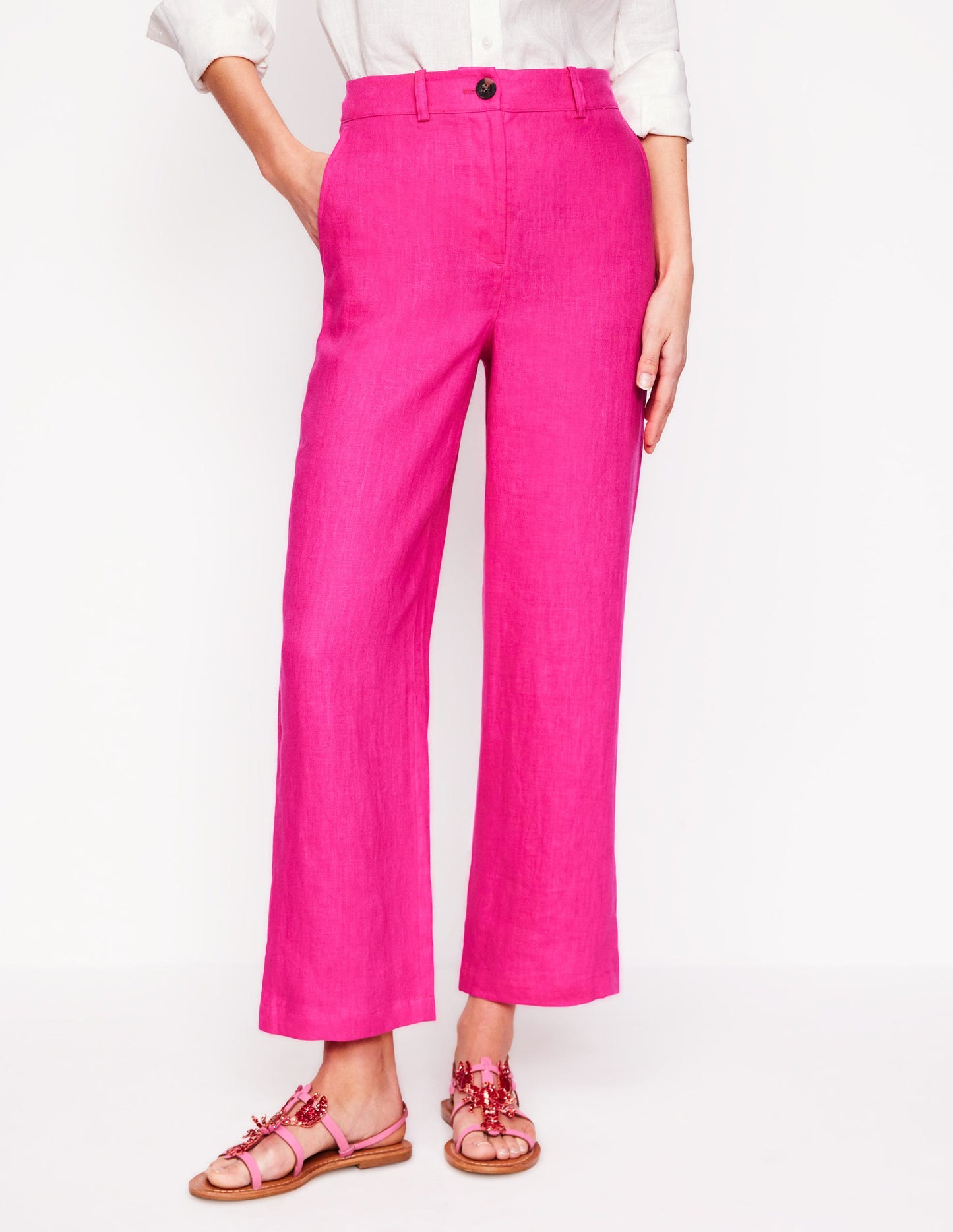 Westbourne Crop Linen Trousers-Pink Peony