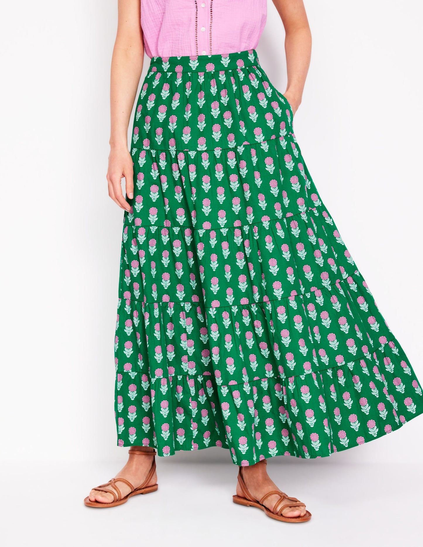 Nadia Poplin Maxi Skirt-Green Stamp, Dahlia Sprig