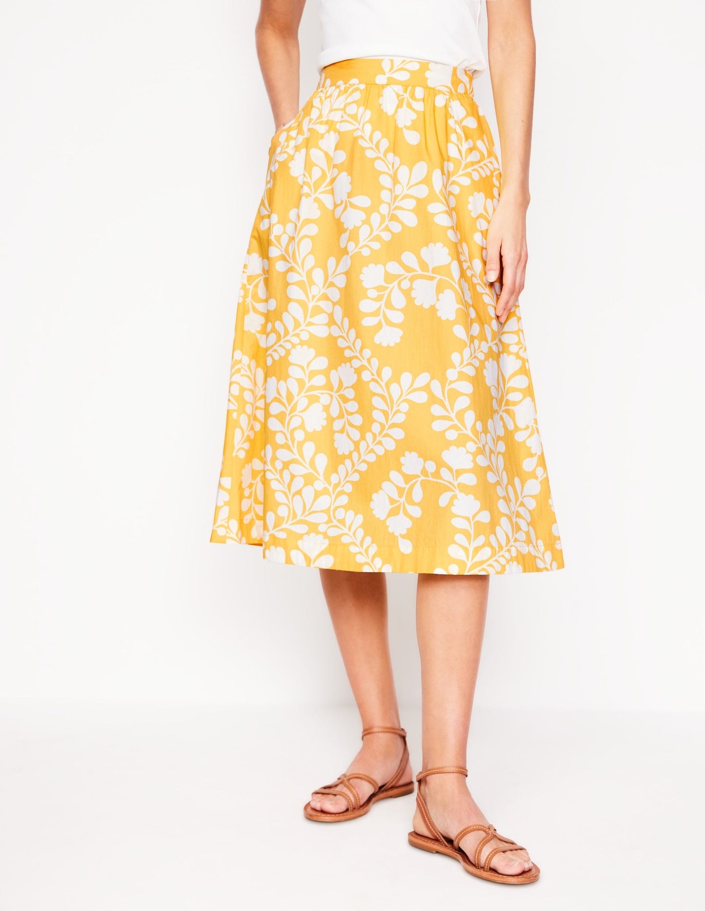 Hattie Poplin Midi Skirt-Yellow, Vine Silhouette