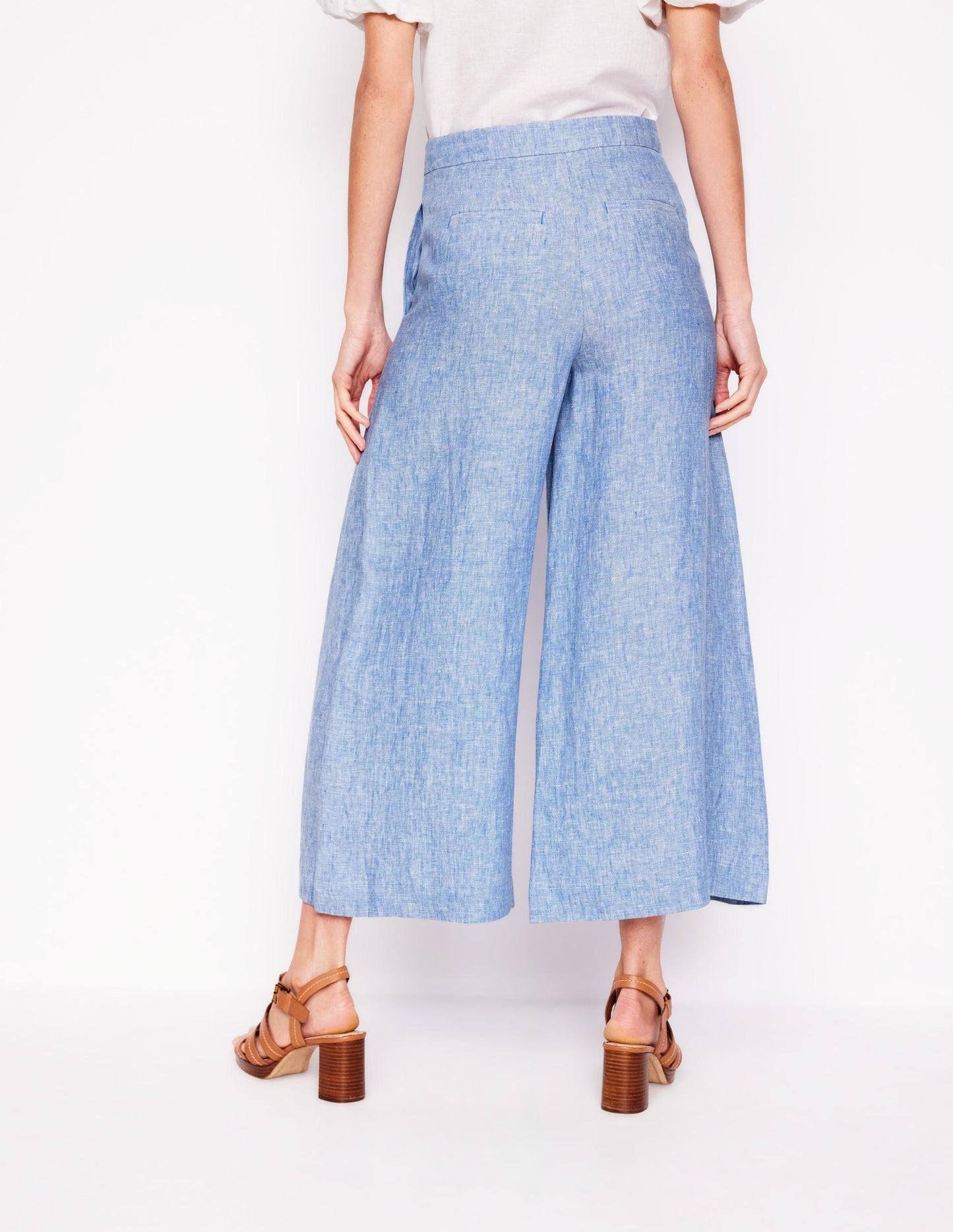 Wide Crop Linen Trousers-Grey Blue Chambray