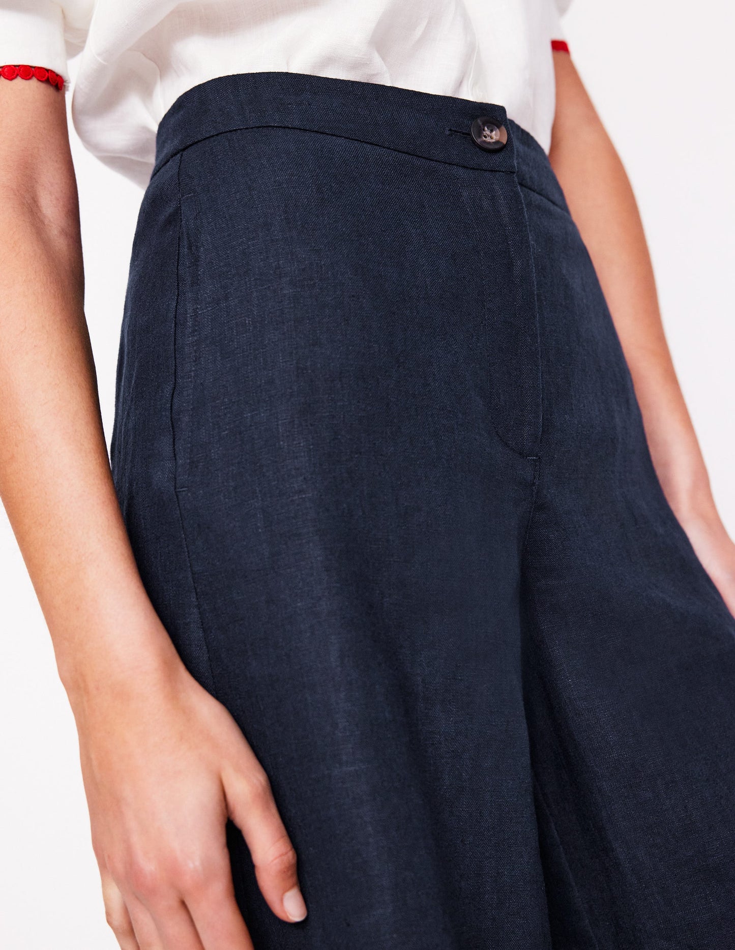 Wide Crop Linen Trousers-Navy