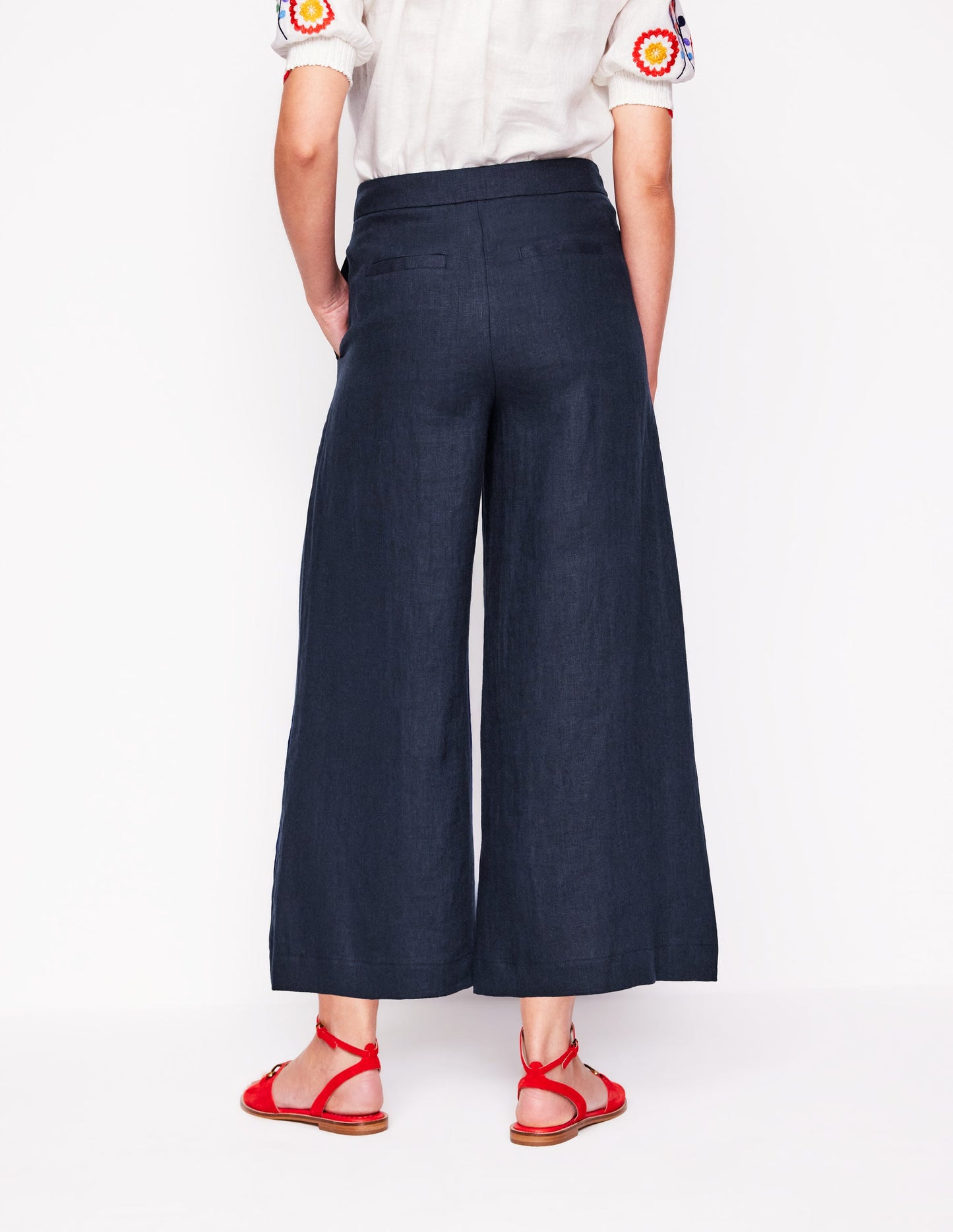 Wide Crop Linen Trousers-Navy
