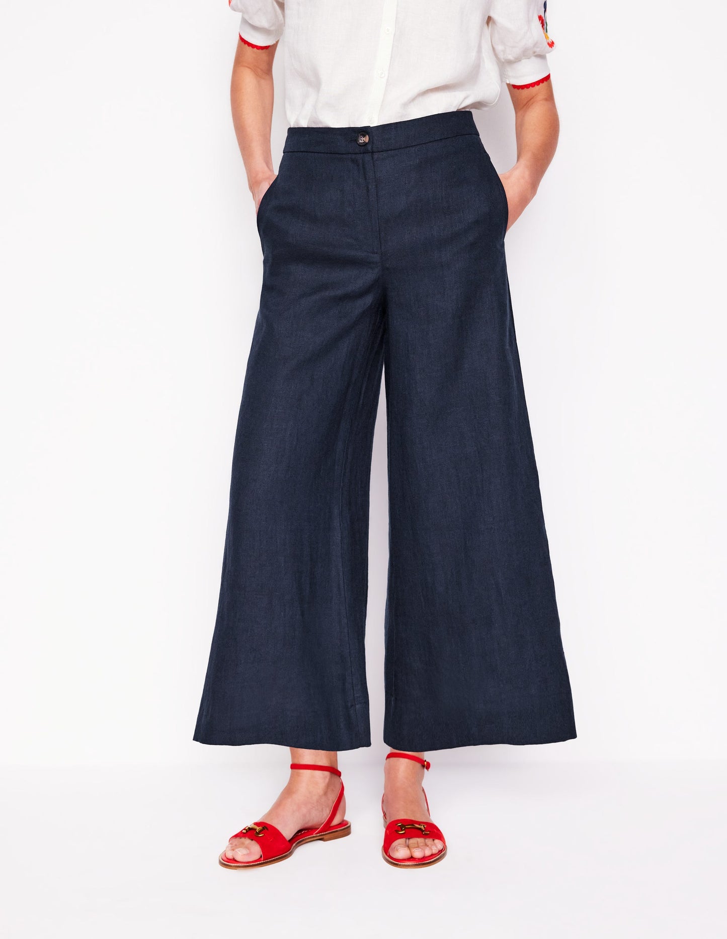 Wide Crop Linen Trousers-Navy