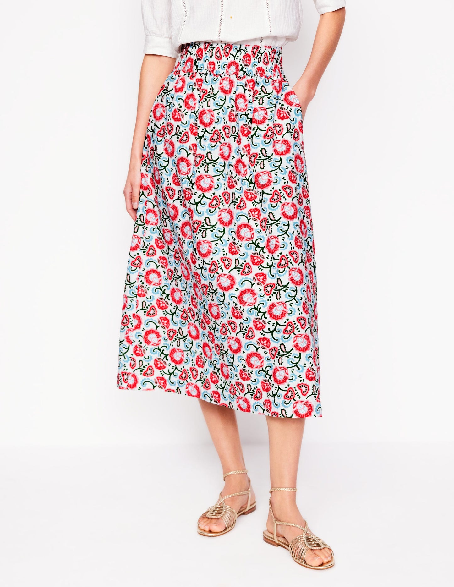 Double Cloth Smocked Skirt-Ivory, Garden Vine