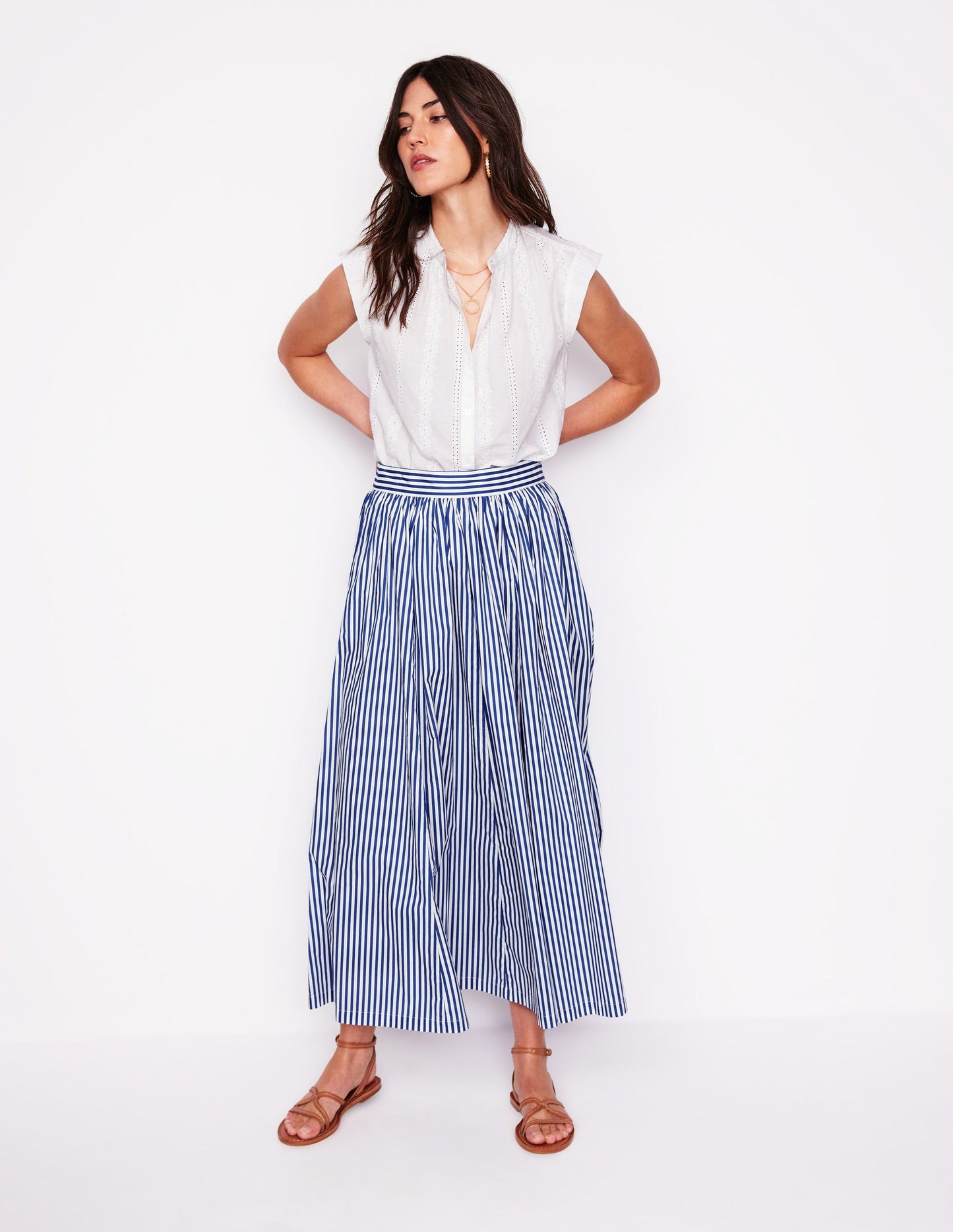 Full Poplin Maxi Skirt-Kingfisher Blue, Fine Stripe