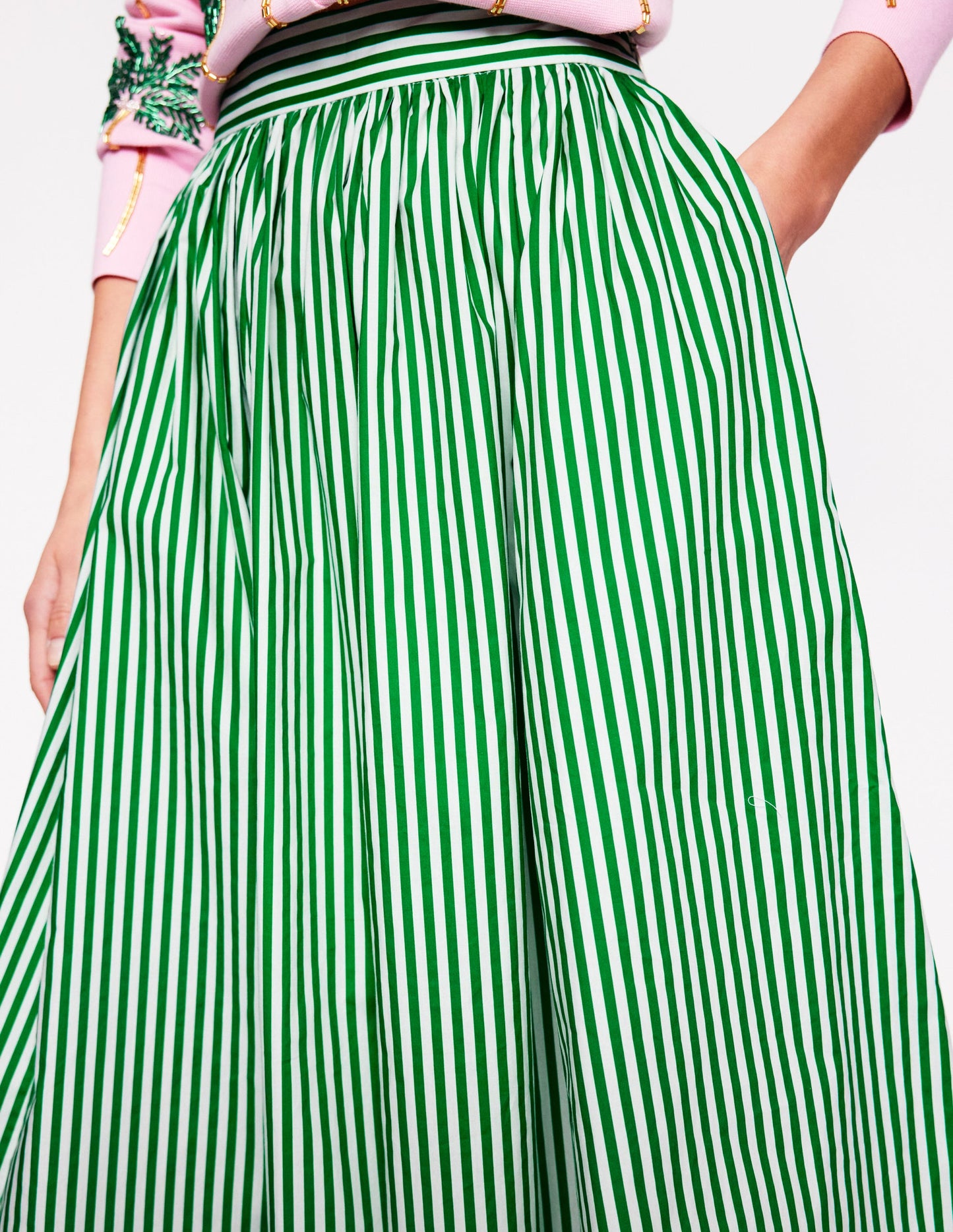Full Poplin Maxi Skirt-Rich Emerald, Fine Stripe